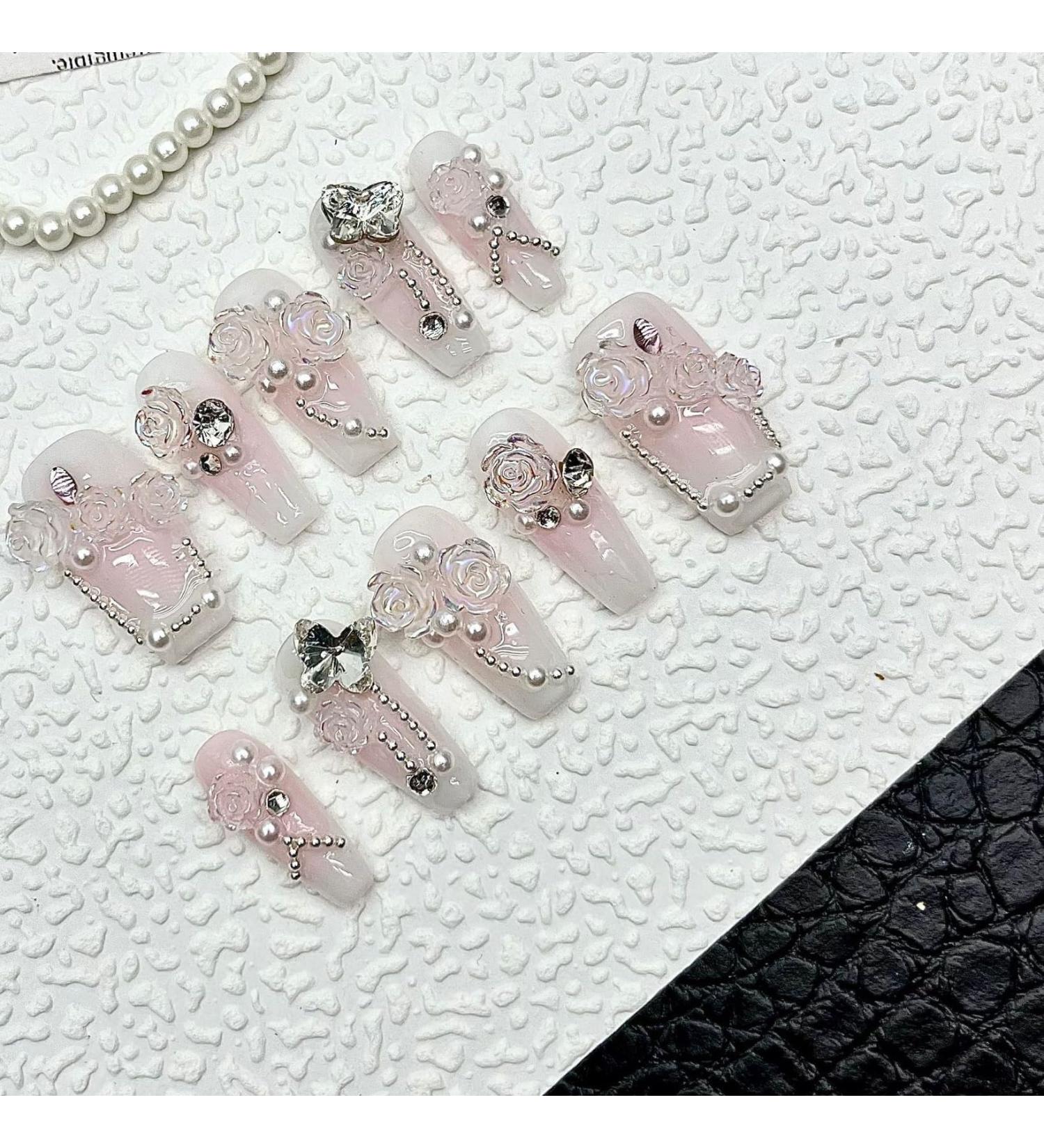 Handmade nail wearing pink powder blusher nail patch Removable and reusable nail patch (Size : XS)