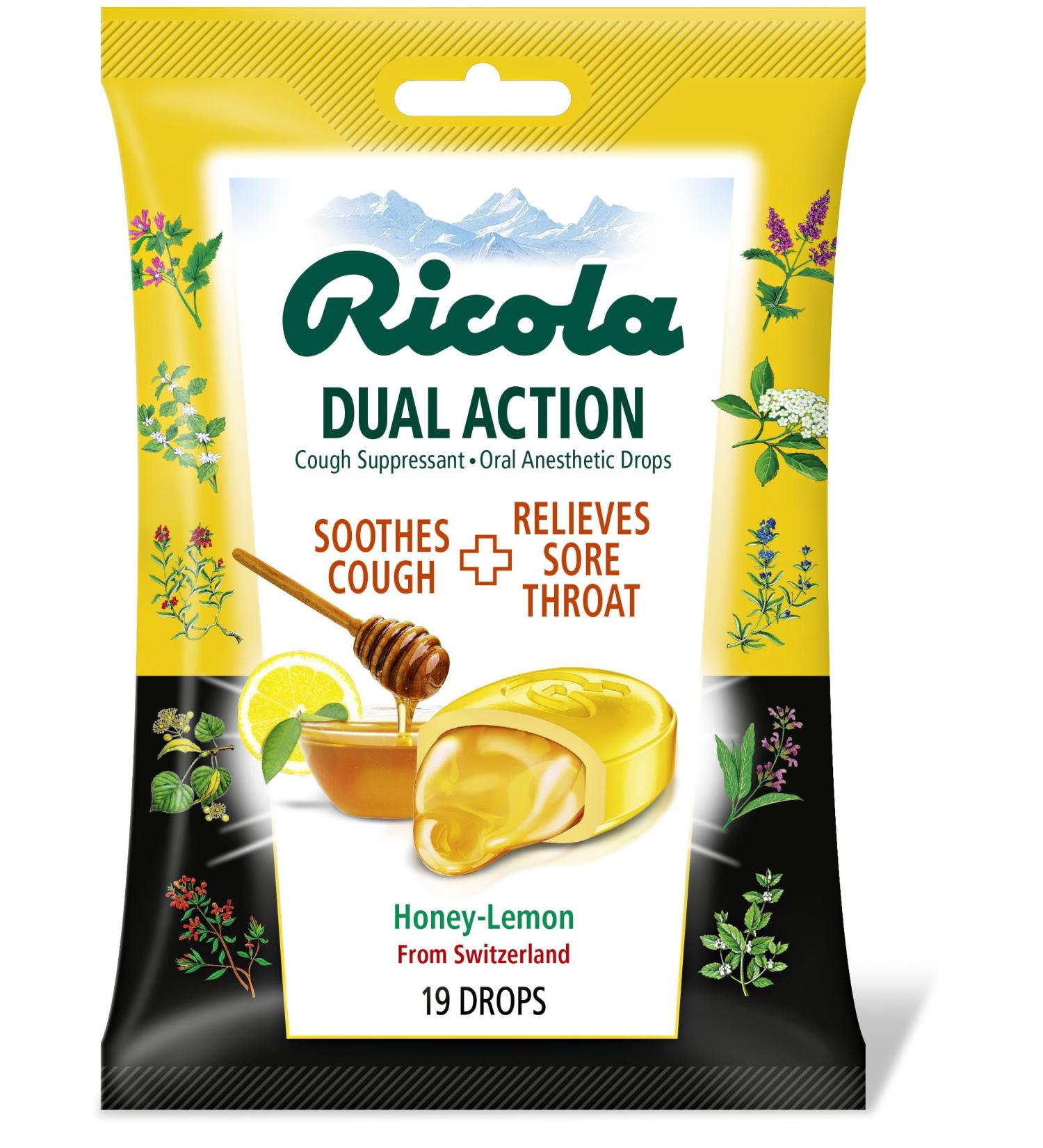Ricola Dual Action Honey Lemon Throat Drops - 19 Drops - Natural Cough Suppressant & Throat Soother - Buy Online on GoSupps.com