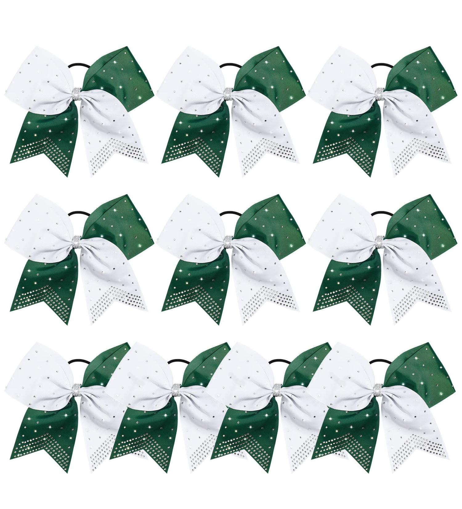 DEEKA 10 PCS Two Toned Large Rhinestone Cheer Hair Bows - Green/White | Handmade for Teen Girls & Sports - 7 Inch Glitter Ponytail Holders (Pack of 10) - Buy Online on GoSupps.com