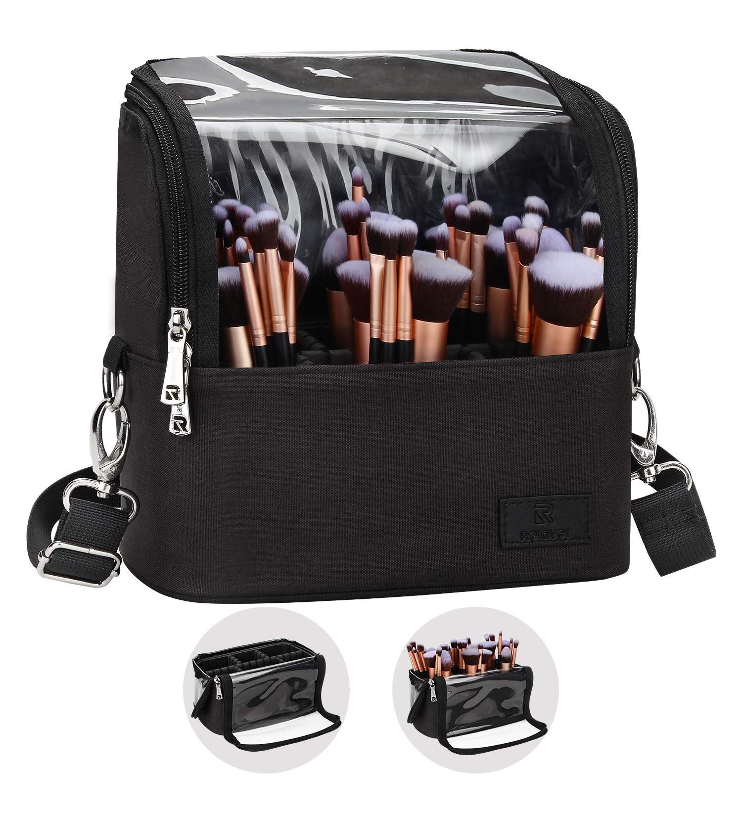 Large Black Makeup Brush Case Organizer with Adjustable Dividers and Shoulder Strap - Buy Online on GoSupps.com