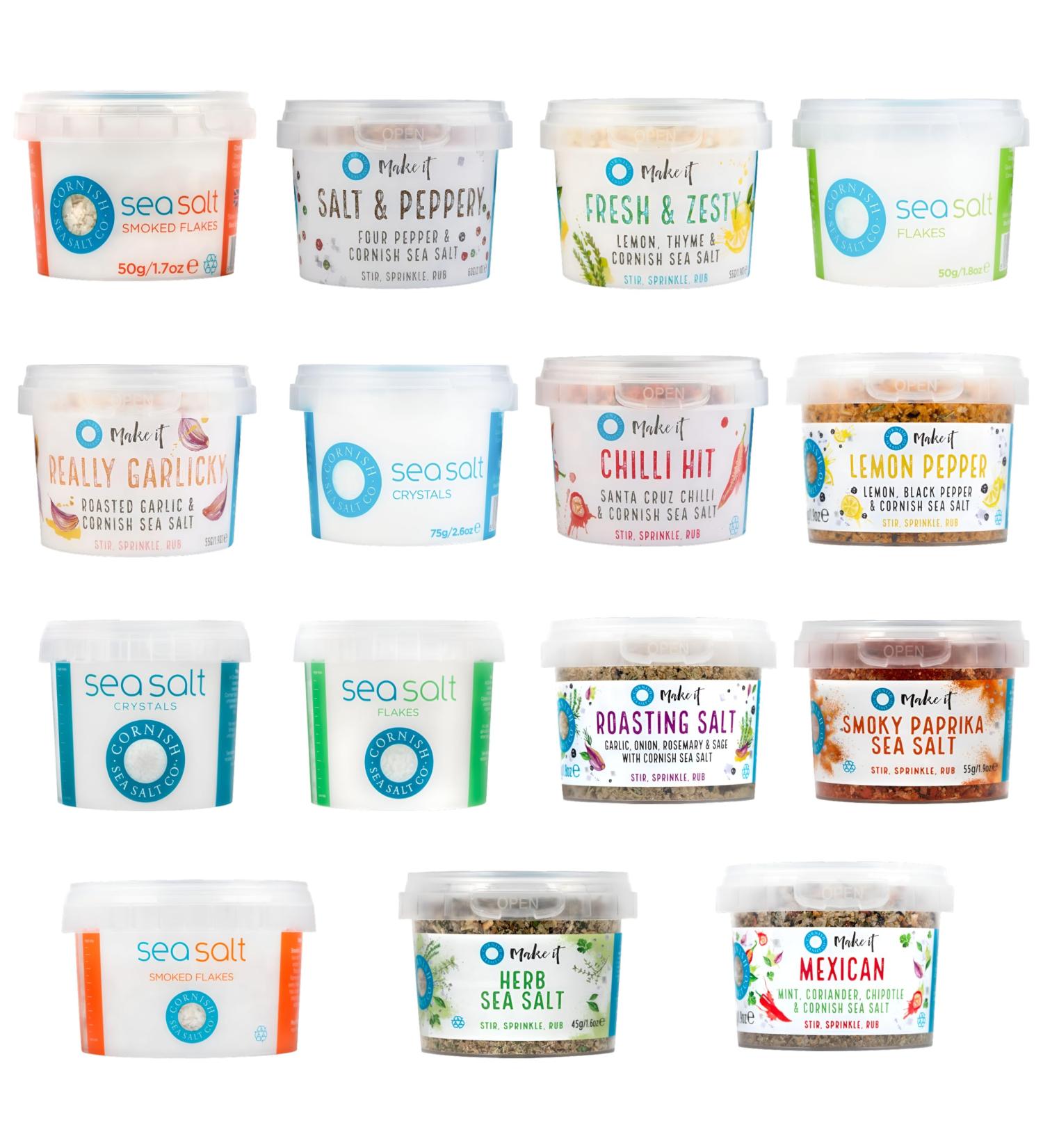 Cornish Sea Salt Pick N Mix - Choose From 15 Flavours | Smoked Flakes Really Garlicky Crystals Peppery Fresh Zesty Crystals Chilli Hit Roasting Smoky-Paprika Mexican Blend - Pack of 2 225.00 g (Pack of 2) - Buy Online on GoSupps.com