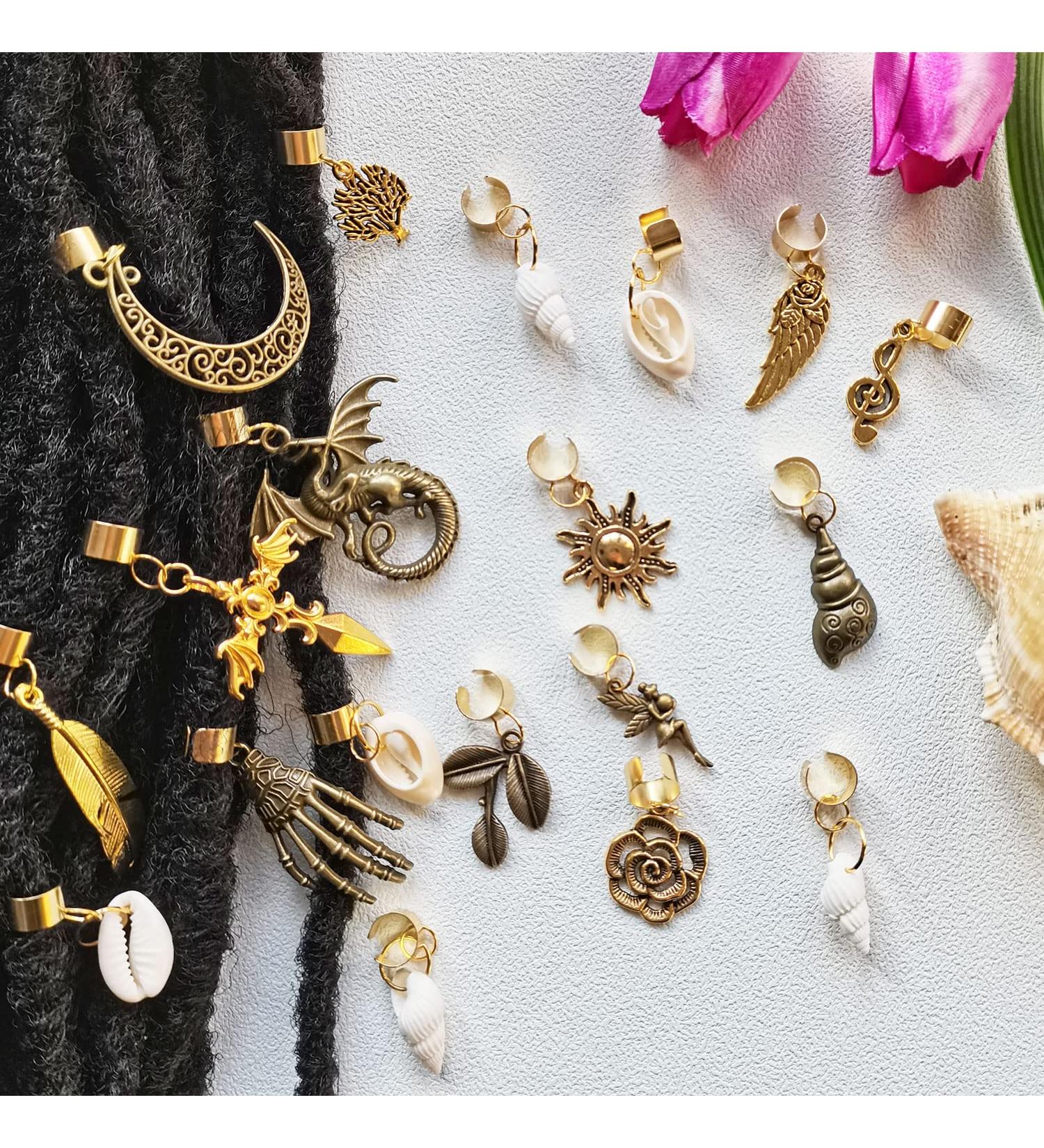 19 PCS Adjustable Hair Cuffs & Charms for Braids | Gold Hair Jewelry Set | Sun Moon Pterosaur Wing Shell Rose Leaf Hair Pendants | DIY Dreadlock Accessories - Buy Online on GoSupps.com
