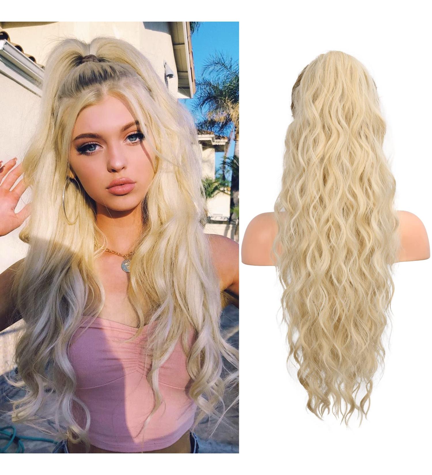 Flufymooz Cool Blonde Ponytail Extension - 66 cm Curly Drawstring Hairpiece for Women - Buy Online on GoSupps.com