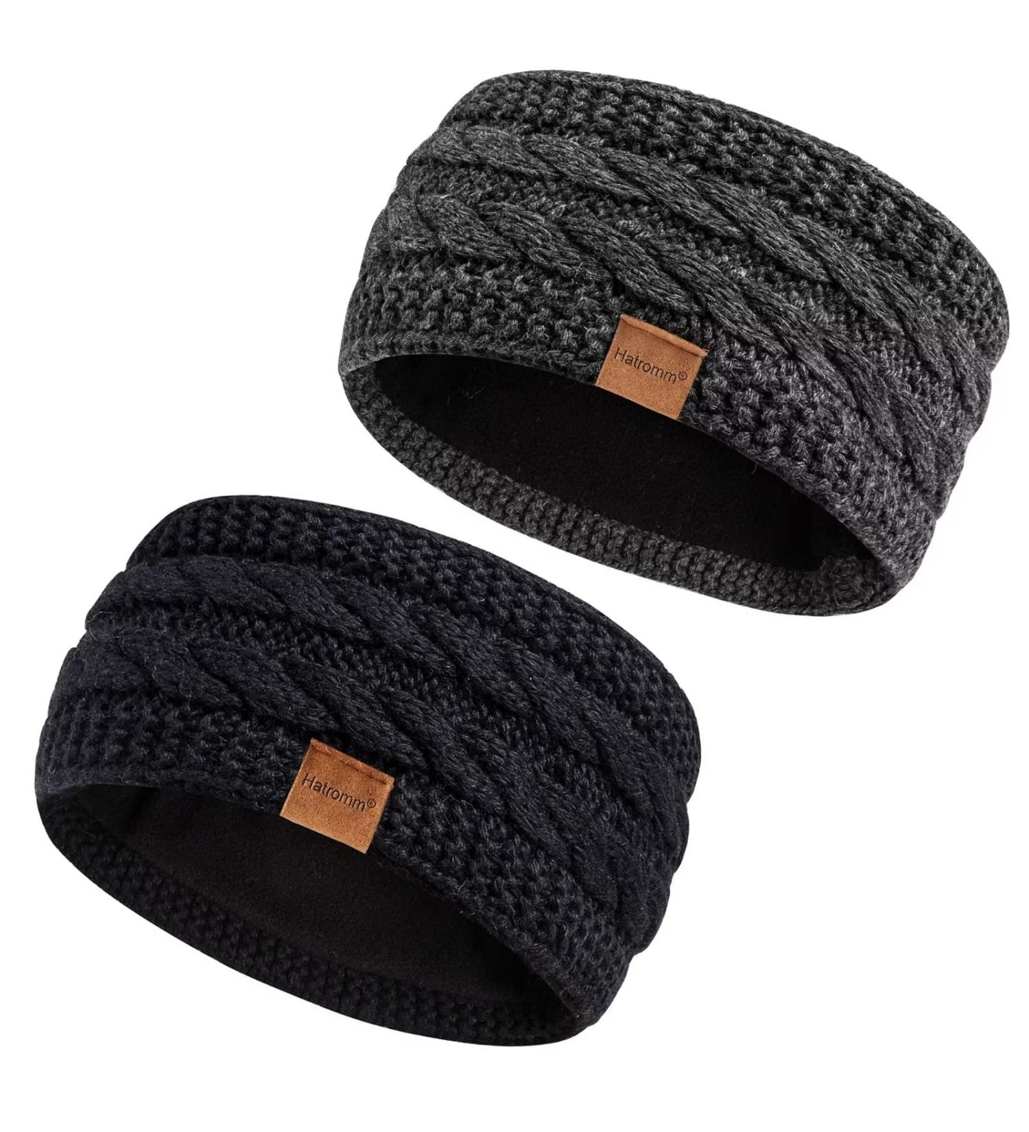 Wool Winter Headbands for Women 2 Pack - Black+Dark Gray Ear Warmers Knit Headband with Fleece Lining - Cold Weather Ear Muffs - Buy Online on GoSupps.com
