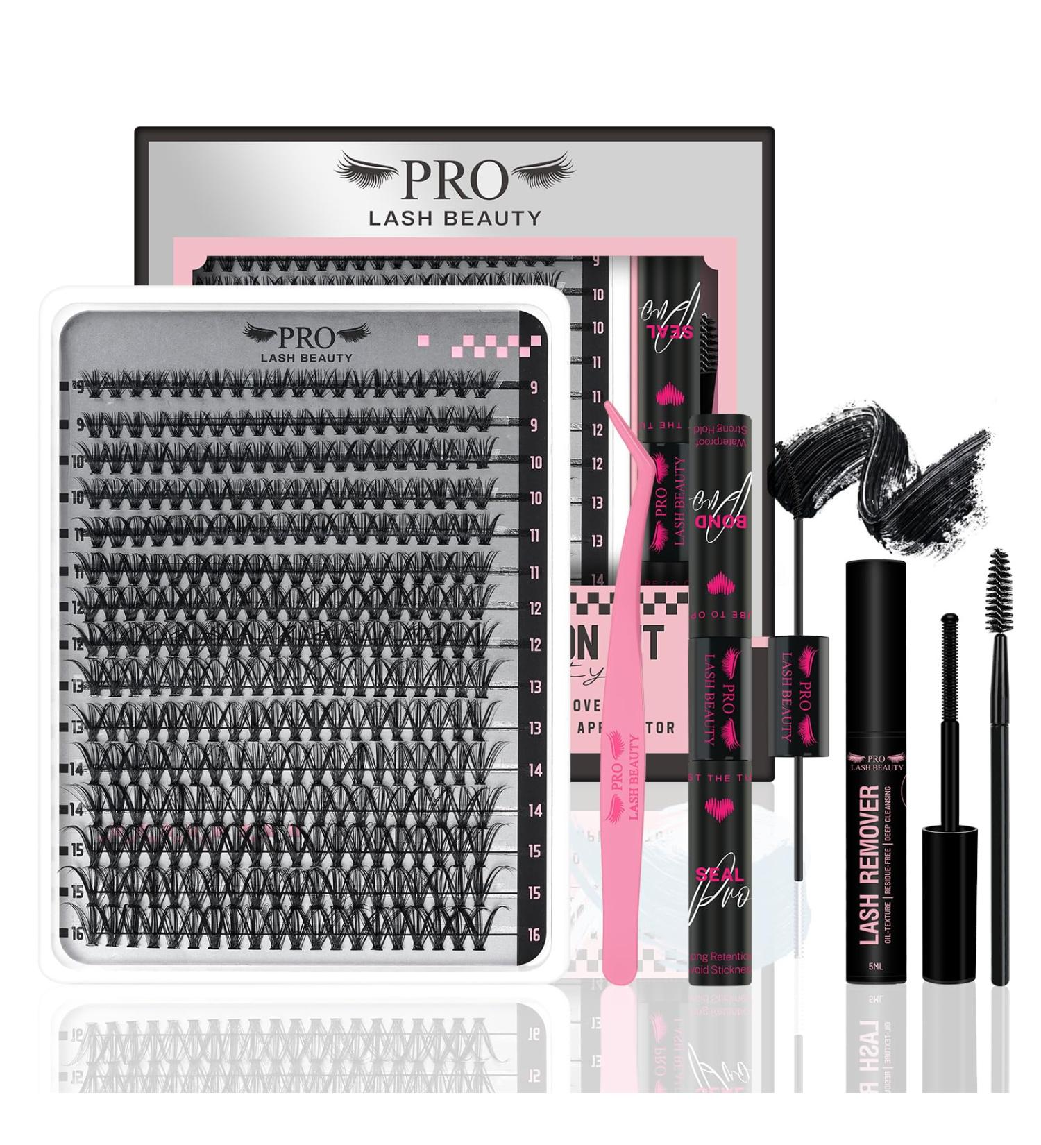 PRO DIY Lash Extension Kit 300 Pcs Lash Clusters D Curl Mix Eyelash Clusters Individual Lashes Kit Lash Bond And Seal Lash Remover Eyelash Brush Lash Tweezer Self Apply At Home(30D-9-16mix Kit) 9-16 mix 30D-D Kit