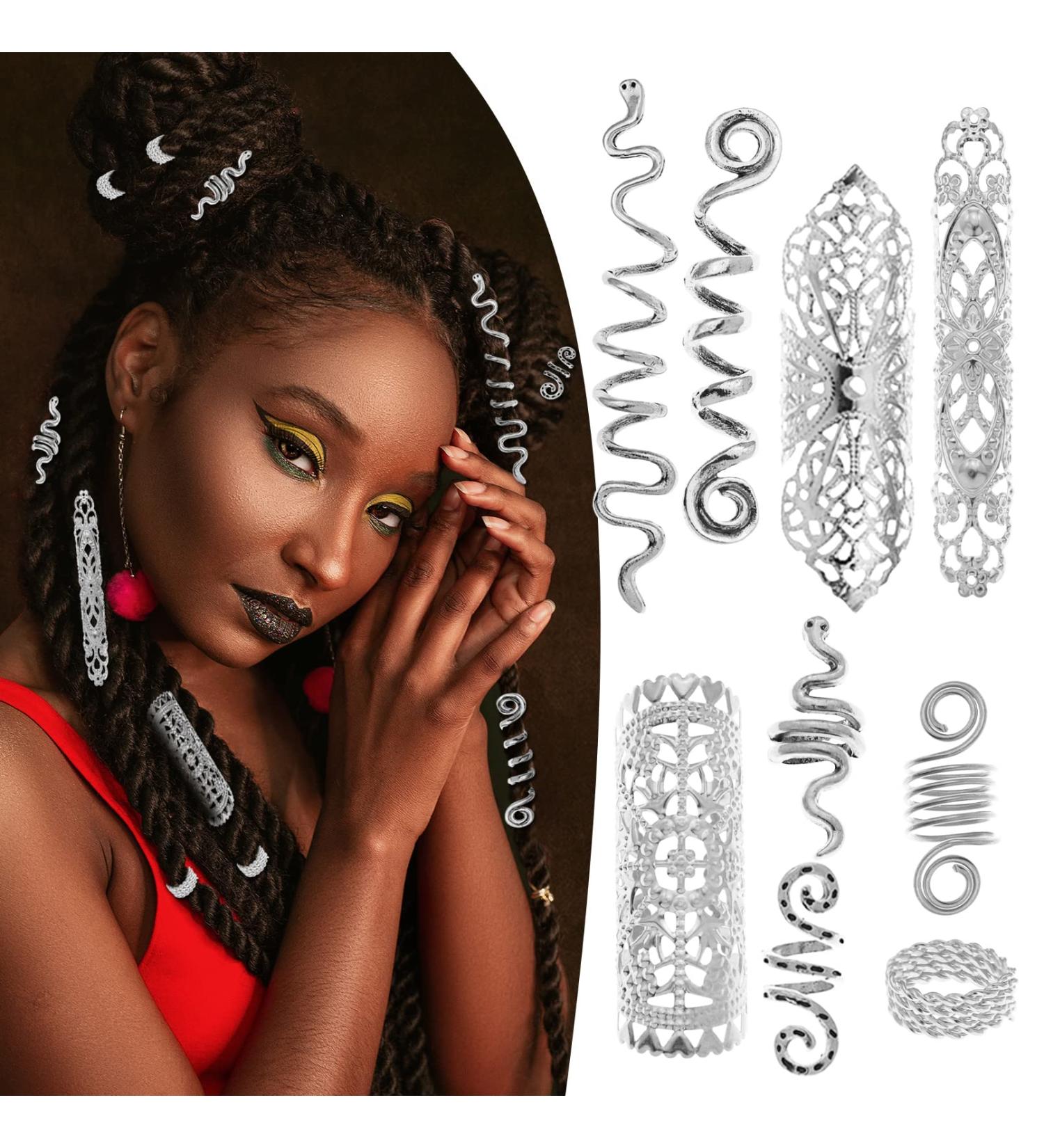 Dreadlocks Jewelry Set - 58 Pieces Pirate Beard Tube Beads, Swirl Filigree Cuff Rings, Hair Decoration - Silver Dread Locs Accessories - Buy Online on GoSupps.com
