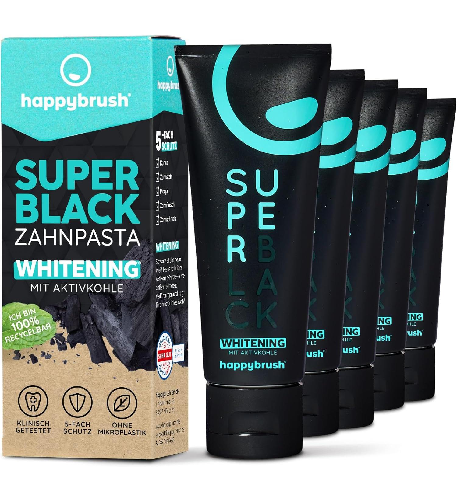 Happybrush Vegan Activated Charcoal Toothpaste - Superblack Mint (5 x 75ml) | Black Toothpaste for Whiter Teeth - International Shipping Available - Buy Online on GoSupps.com