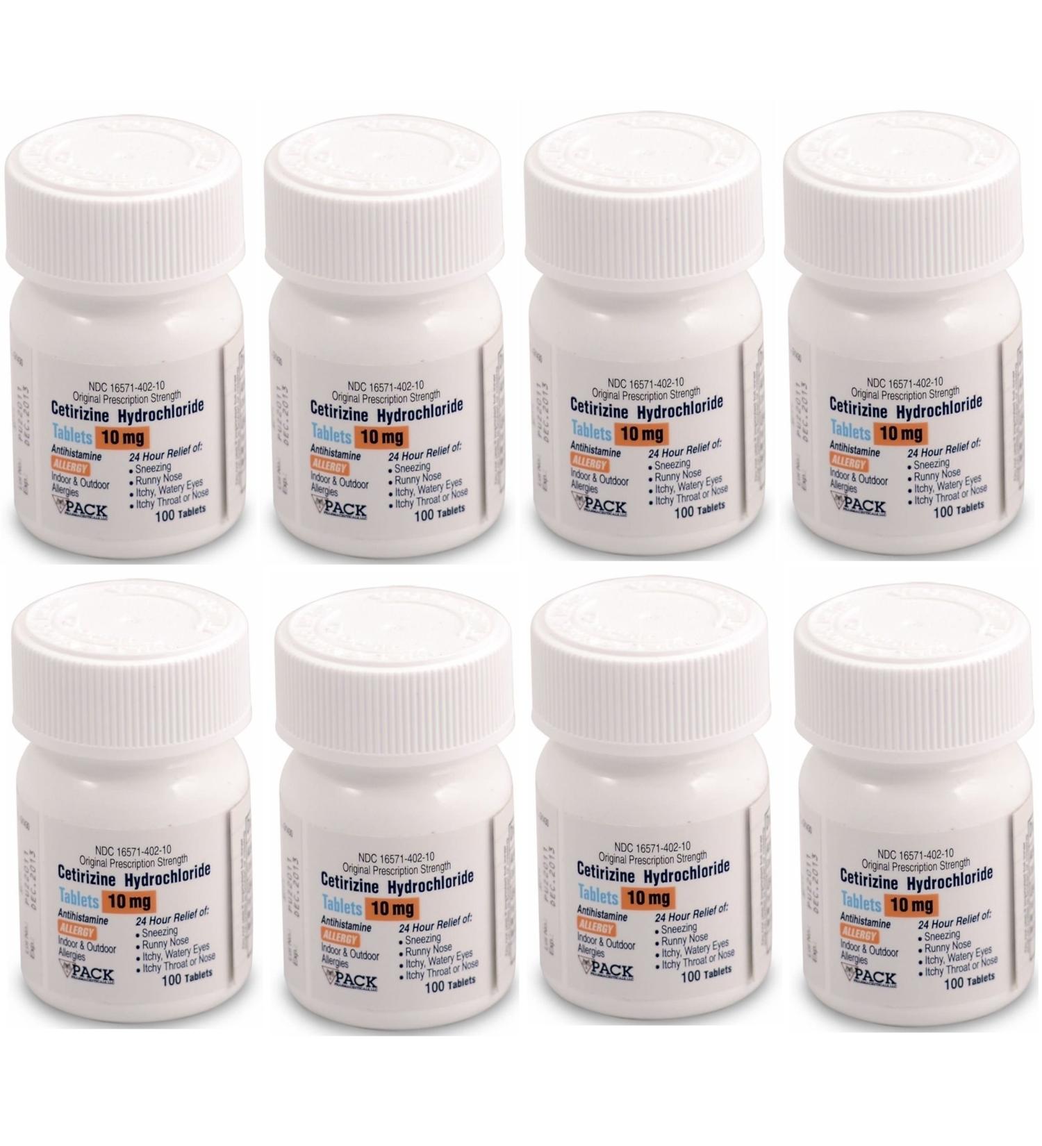 Cetirizine 10 mg Antihistamine Tablets Generic for Zyrtec 24 Hour Allergy Tablets 100 Tablets per Bottle Pack of 8 Total 800 Tablets