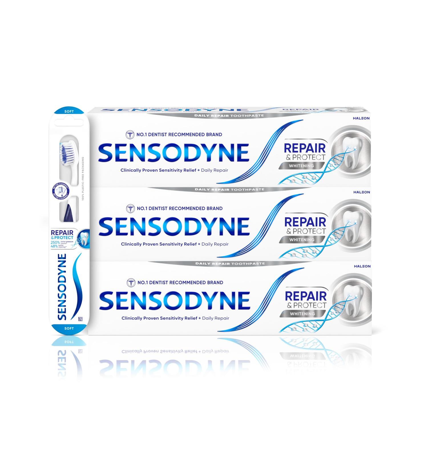 Sensodyne Repair and Protect Whitening Toothpaste and Toothbrush Bundle - 4 Pack - Buy Online on GoSupps.com