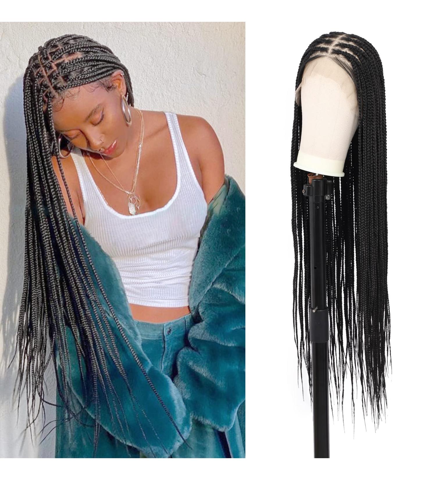 Lexqui 36 Inch HD Lace Front Box Braided Wig for Women - Long Black Synthetic Full Lace Frontal Braiding Wig with Baby Hair - Buy Online on GoSupps.com