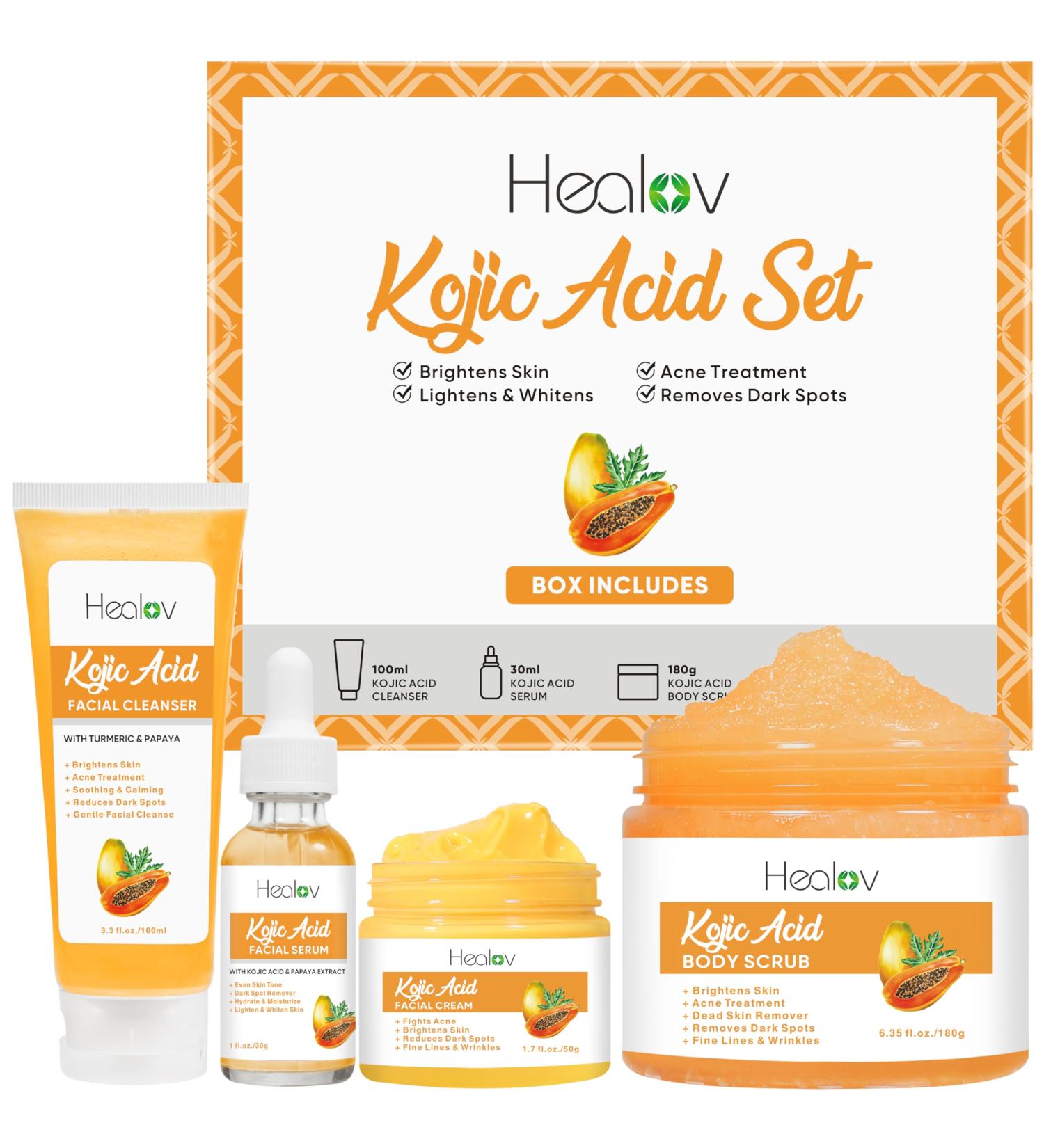 Kojic Acid Skincare Set Kojic Soap Cleanser Exfoliating Body Scrub Face Cream & Brightening Facial Serum Skin Brightening Hyperpigmentation Treatment Dark Spot Corrector with Turmeric Papaya - Buy Online on GoSupps.com