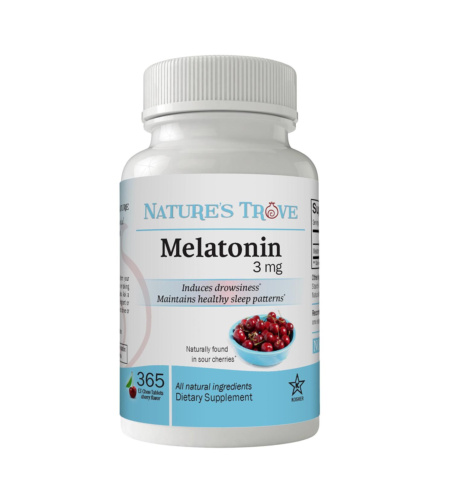 Melatonin 3mg Chewable 365 Chewable Melatonin Cherry Flavor Tablets by Nature s Trove 365 Count (Pack of 1)
