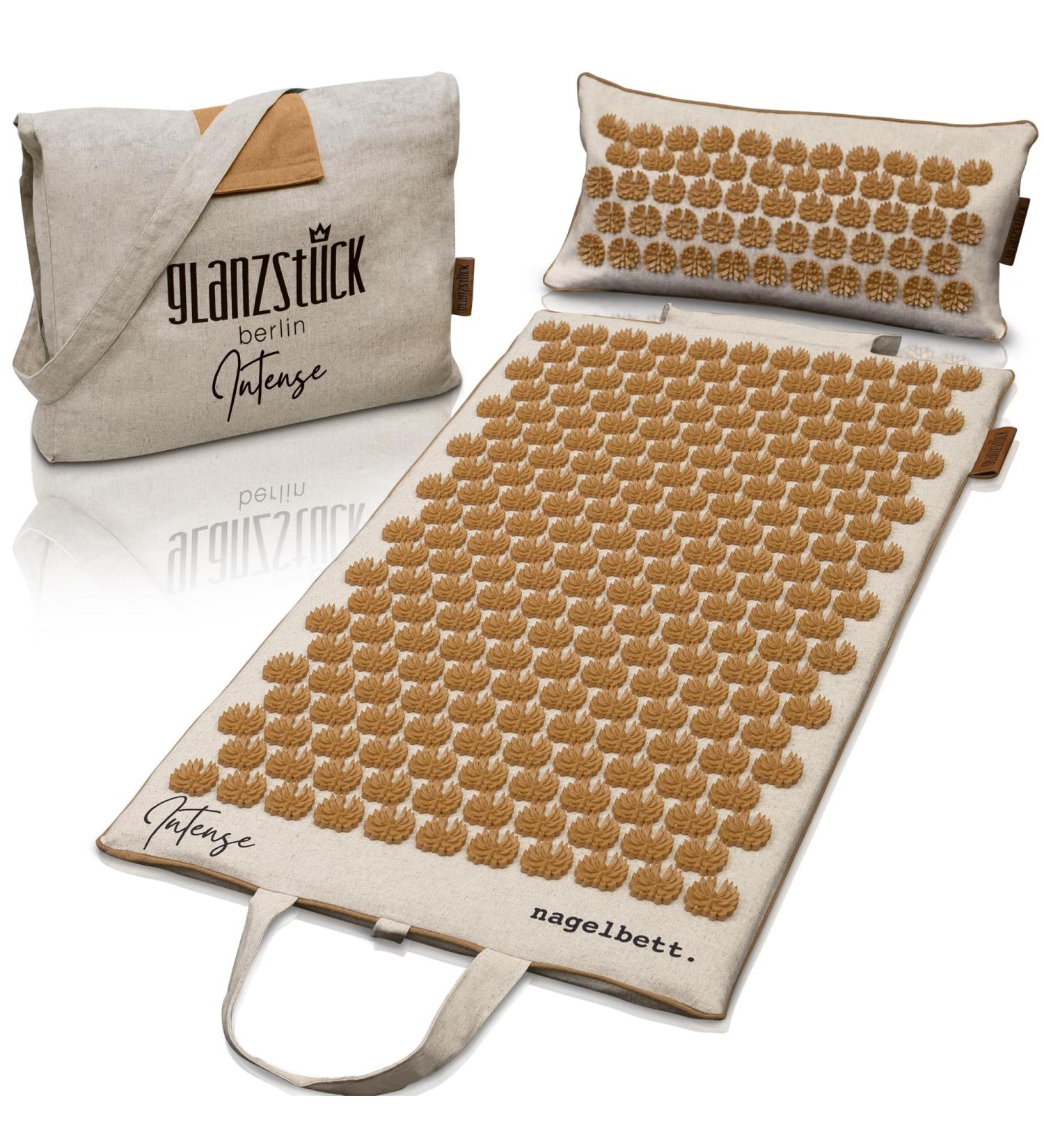Glanz Berlin Health Collection: XL Akupressurmatte Set - Linen Massage Mat with Pillow & Heat Function for Back Pain Relief - Sustainable & Eco-Friendly - Buy Online on GoSupps.com