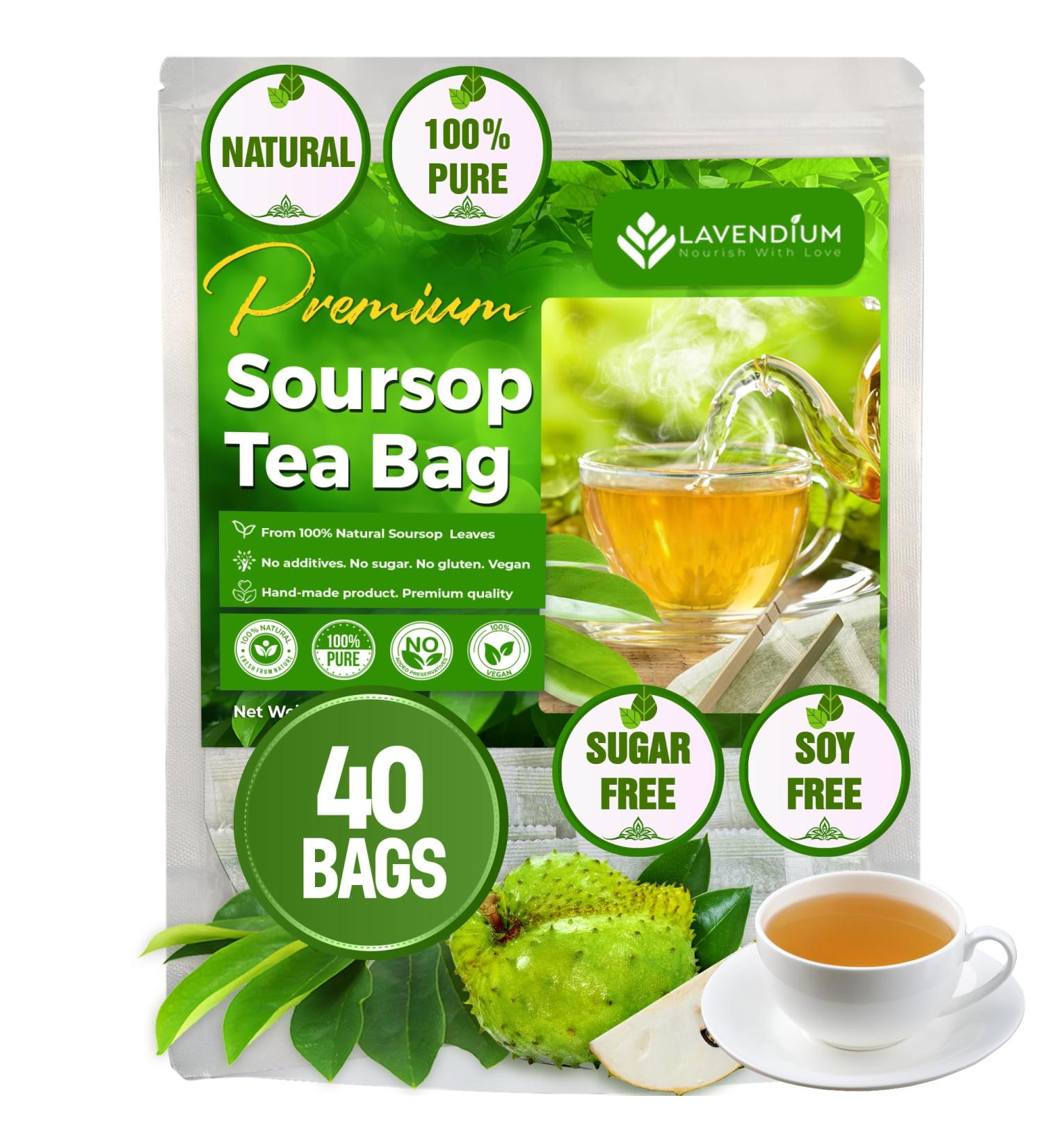 Lavendium Premium 40 Soursop Leaf Tea Bags 100% Natural and Pure from Soursop Graviola Leaves. Made with Eco-Conscious Tea Bags Soursop Leaf Herbal Tea. No Sugar No Caffeine No Gluten Vegan. (40 Bags) - Buy Online on GoSupps.com