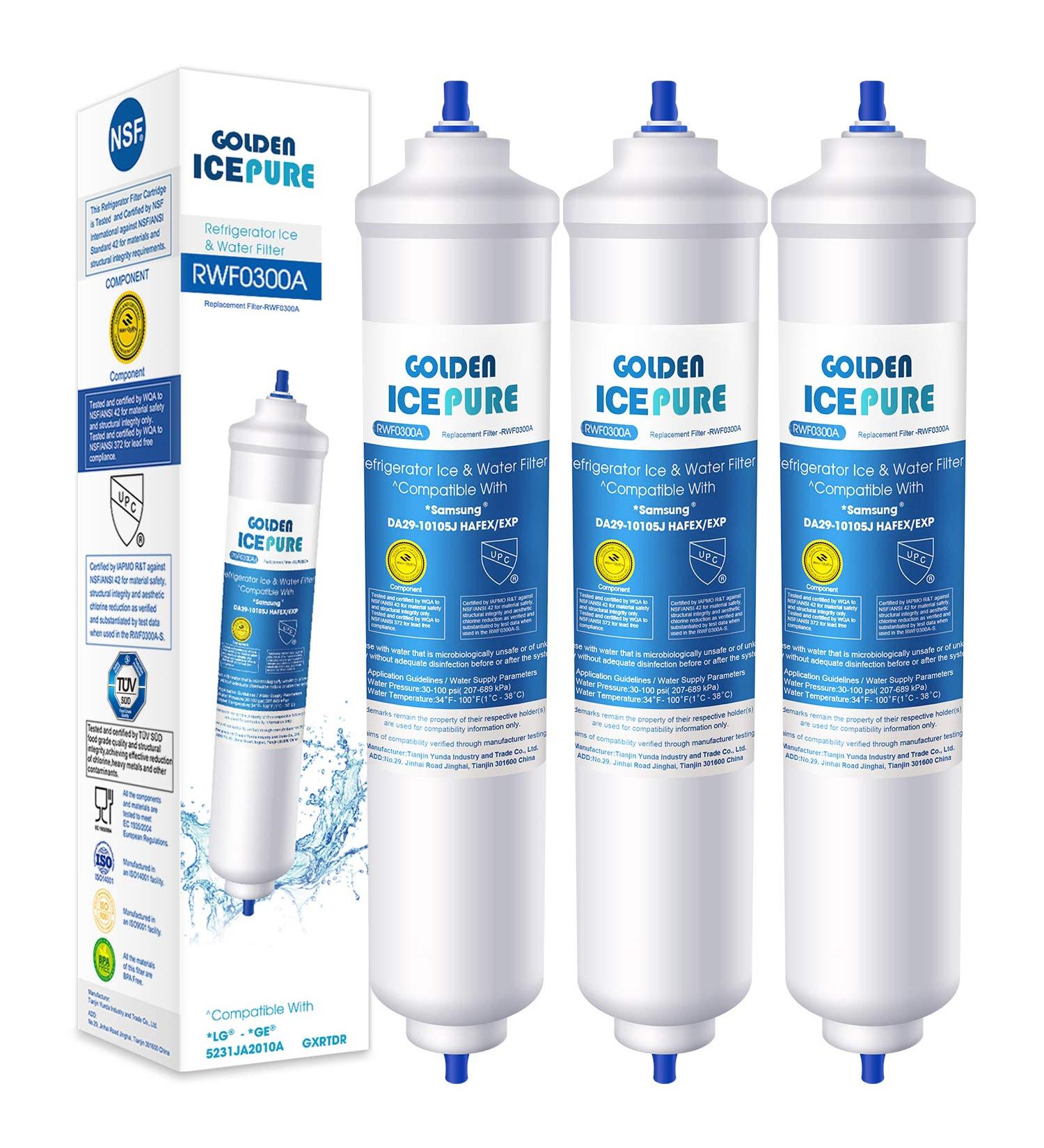 Water Filter Refrigerator Replacement for Samsung DA29-105J & LG Inline - 3 Pack Golden Icepure RWF0300A - Buy Online on GoSupps.com