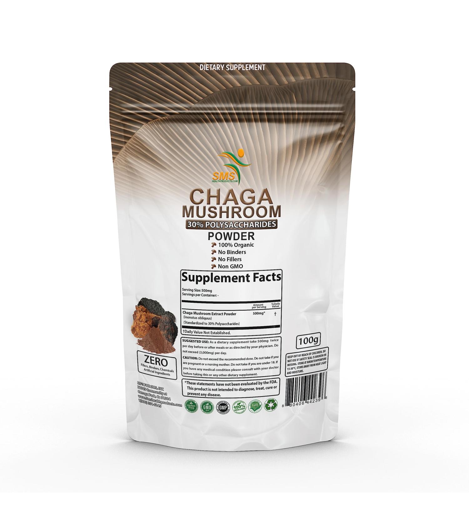 SMSHEALTHPRODUCTS.com Chaga Mushroom Extract Powder 30% Polysaccharides - Chaga Mushrooms Powder - Chaga Extract - Mushroom Supplement - Organic Gluten Free 100g