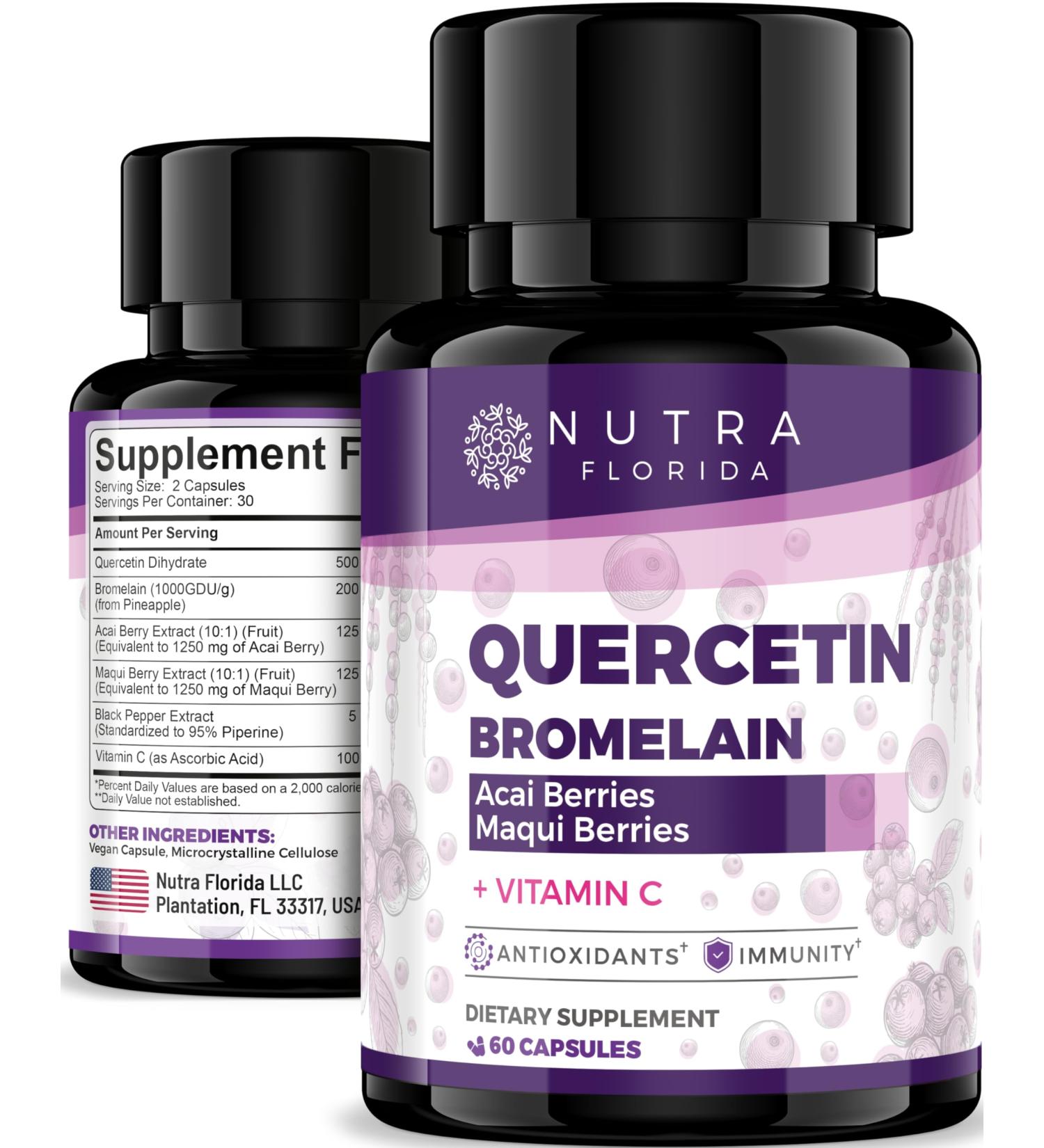 Quercetin 500mg with Bromelain Supplements | Powerful Antioxidant Complex with Acai Berry Maqui Berry & Vitamin C | Natural Bioflavonoid for Immune Defense | Vegan Gluten Free Non-GMO | 60 Capsules - Buy Online on GoSupps.com