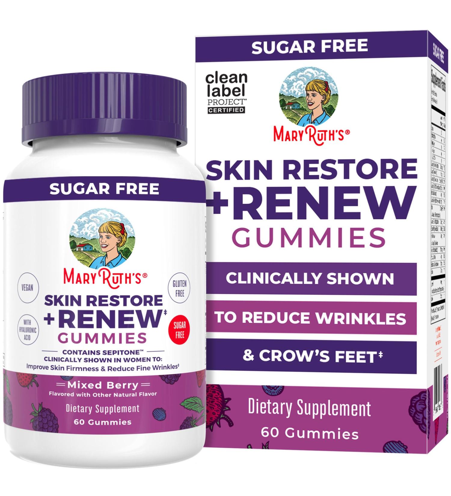 MaryRuth's Skin Restore + Renew Gummies With Hyaluronic Acid | Skin Hydration | Clinically Shown in Women to Reduce Fine Wrinkles & Improve Skin Firmness | Vegan Collagen Production | 60 Gummies - Buy Online on GoSupps.com