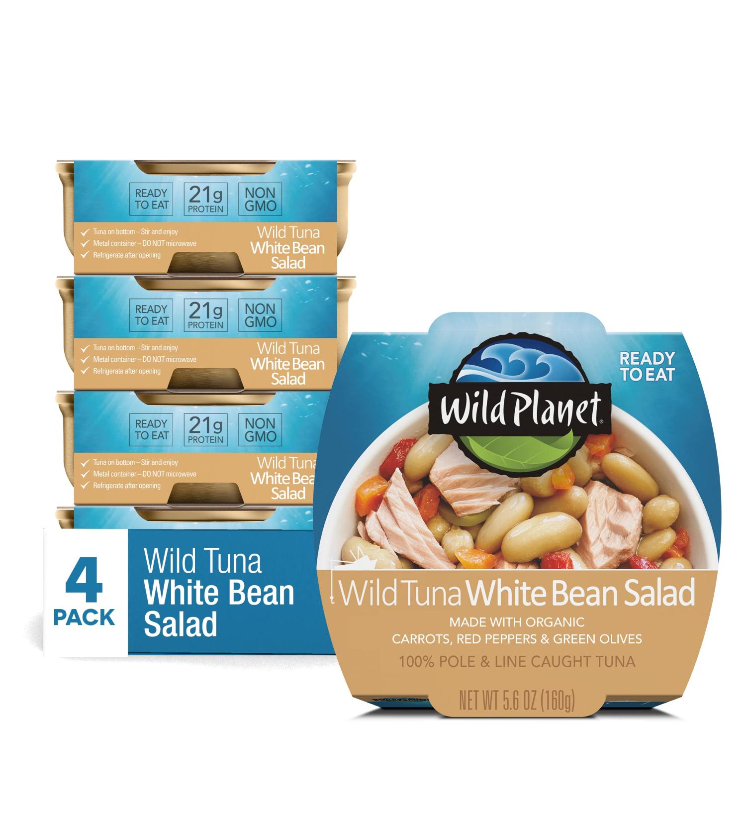 Wild Planet Ready-To-Eat Wild Tuna White Bean Salad with Organic Chickpeas, Carrots, Red Peppers & Green Olives - Pack of 4 | 5.6oz - Buy Online on GoSupps.com