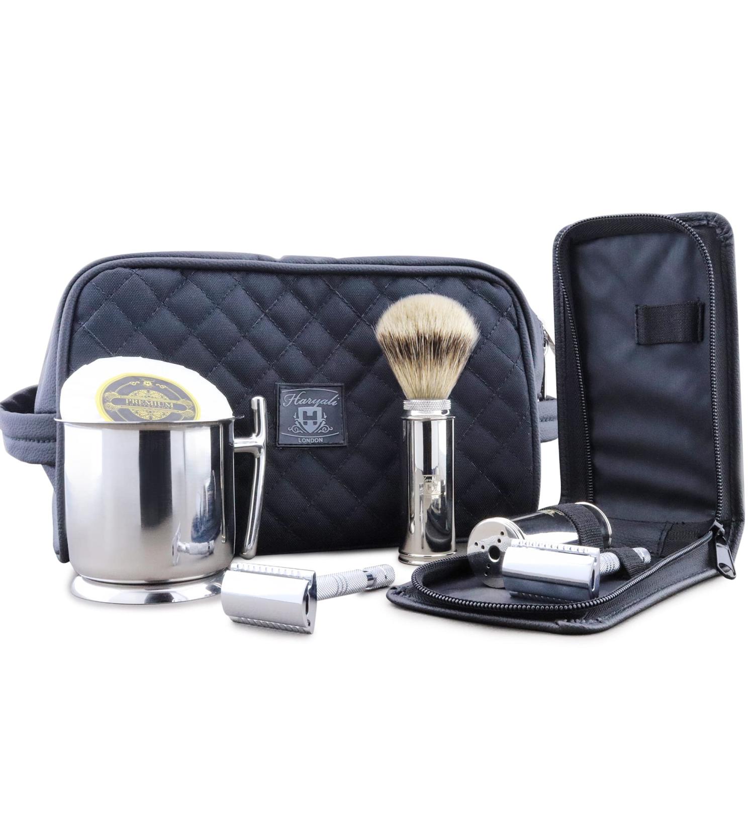 Premium Travel Razor Set | Leather Bag Double-Sided Planer Silver Tip Brush & Stainless Steel Bowl - Perfect for Shaving on the Go - Buy Online on GoSupps.com