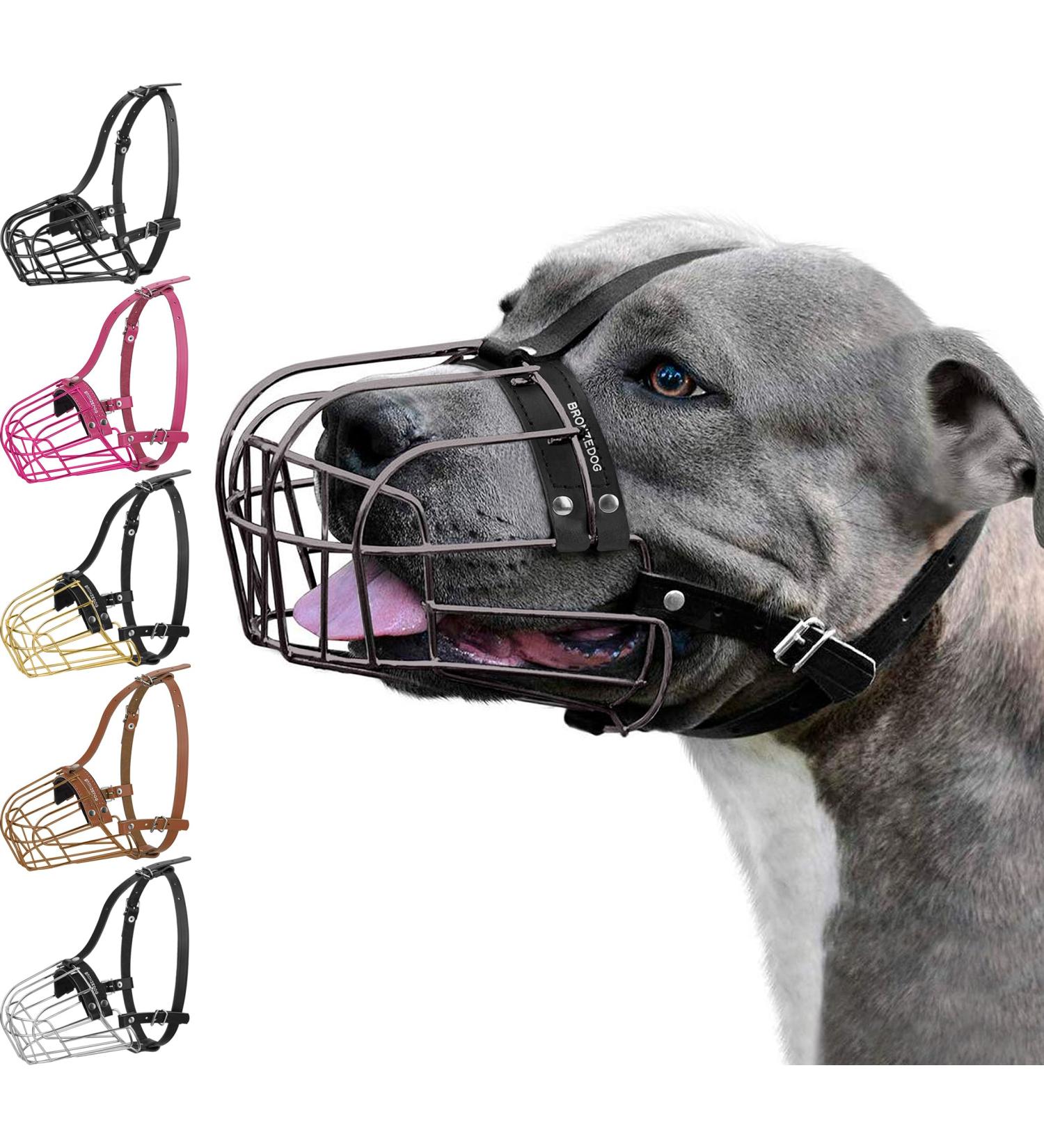 Bronzedog Pitbull Muzzle | Adjustable Wire Basket Mask with Leather Straps for Large Dogs - Graphite Metal - Buy Online on GoSupps.com