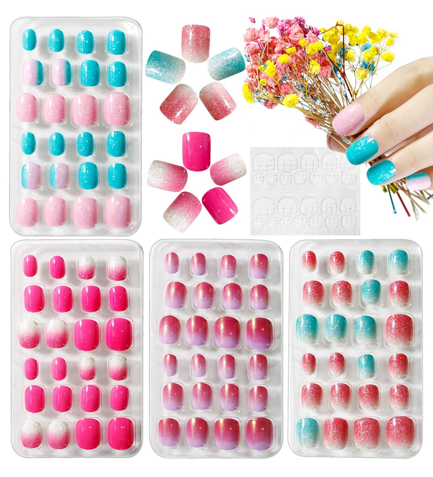 Kalolary Children s Press-On Nails - Gradient Color Fake Nails Set with Glue for Girls - 4 Boxes Short Faux Nail Tips - Buy Online on GoSupps.com