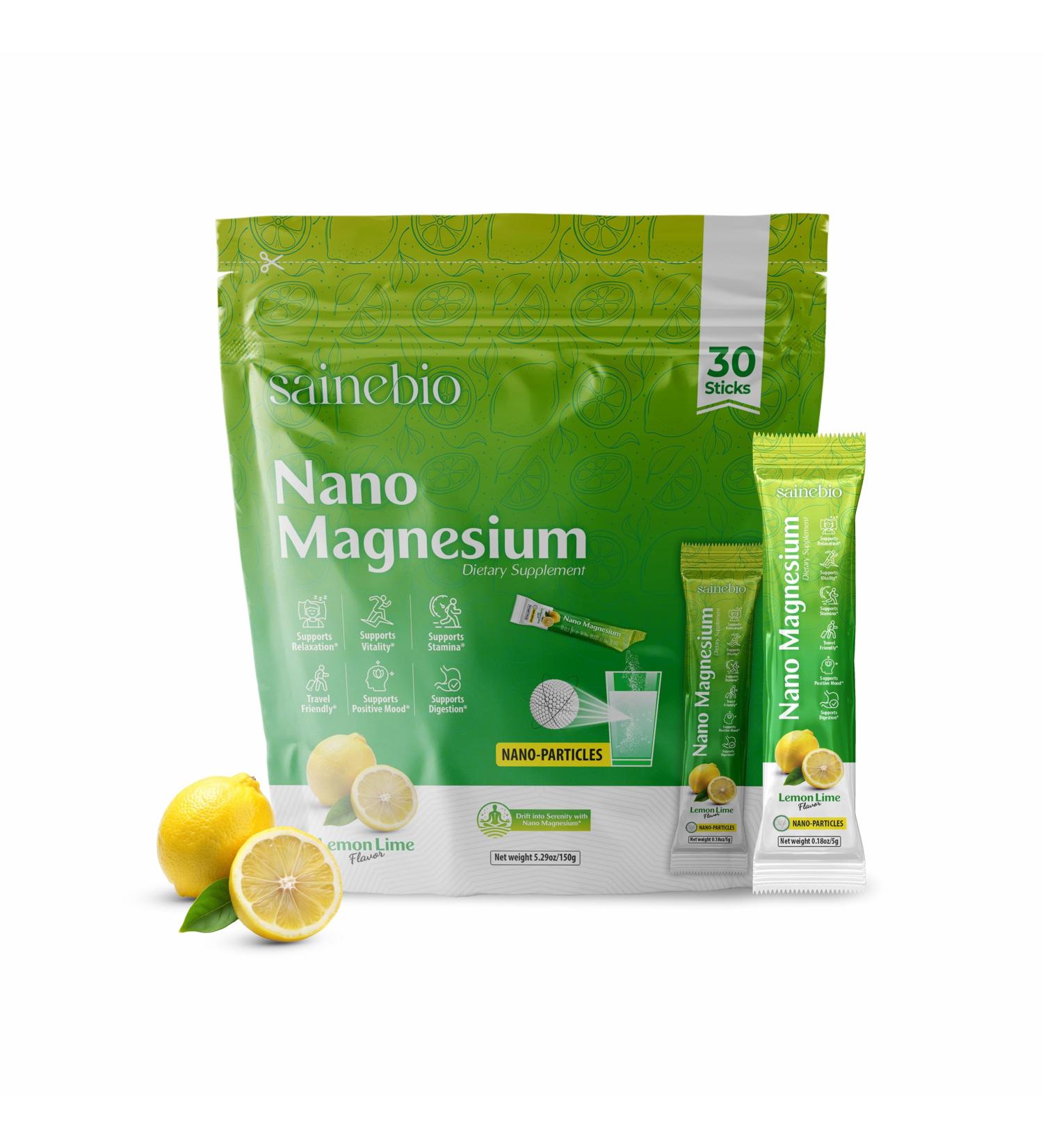 Sainebio Nano Magnesium Powder Lemon Lime Flavor | 30 Sachets 300mg High Absorption Magnesium | Relaxation Vitality Stamina Digestion & Hydration Support (30 Sachet Lemon Lime) - Buy Online on GoSupps.com