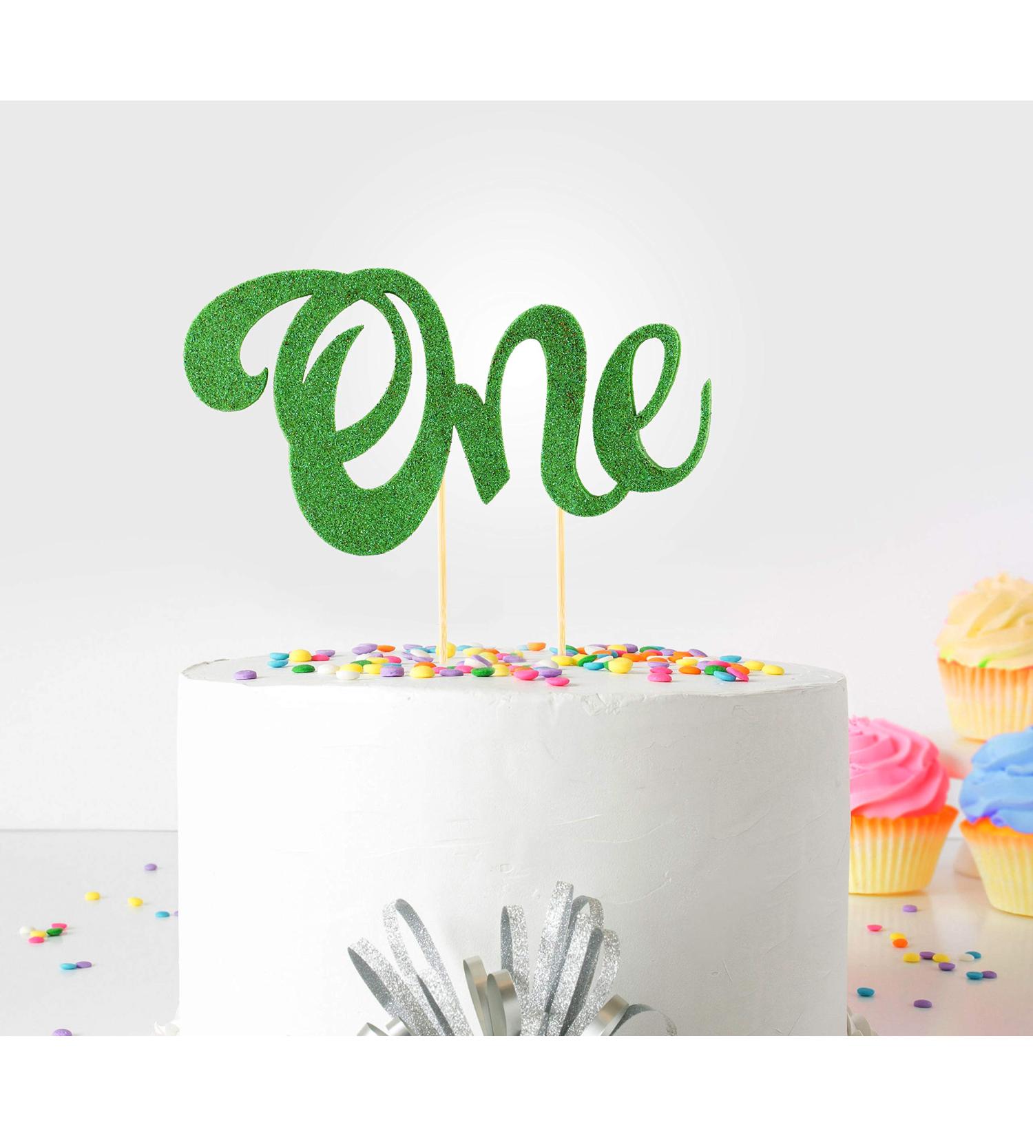 1st First Birthday Cake Topper Decoration ((Light Green) - One - with Double Sided Glitter Stock)