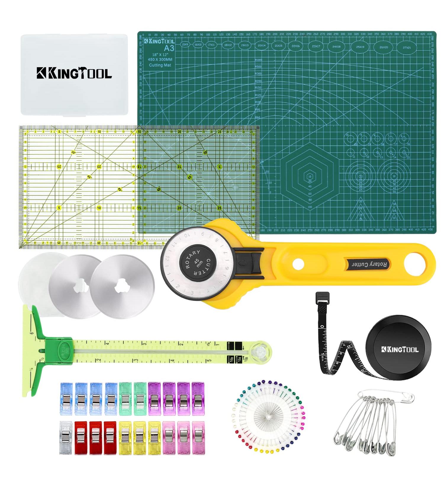KingTool 45mm Rotary Cutter Set with A3 Cutting Mat - 3 Blades, Rulers, Clips, Pins - Ideal for Crafting, Fabric, Quilting, Sewing - 77Pcs - Buy Online on GoSupps.com