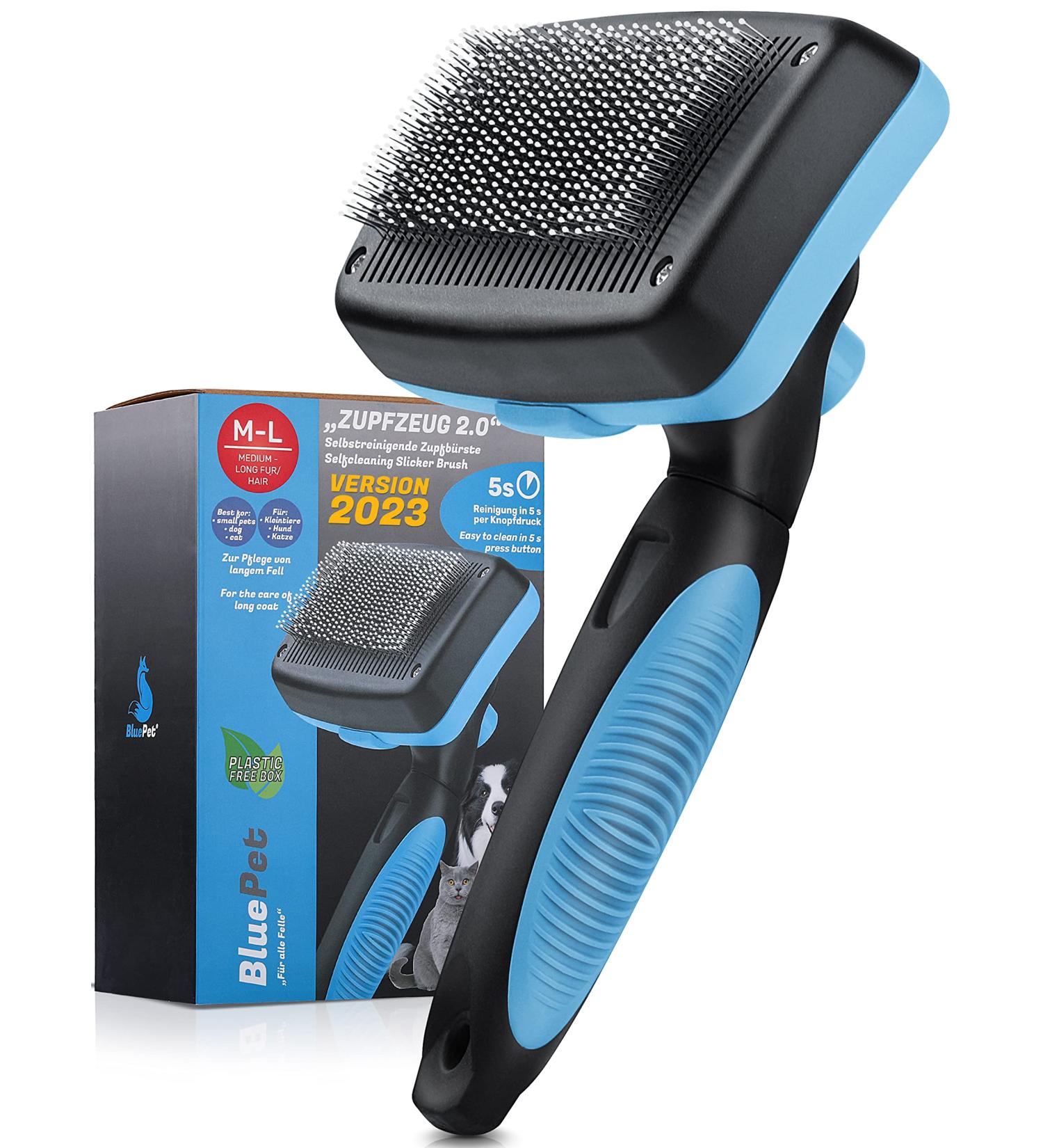 Bluepet Dog & Cat Brush for Long-Haired Pets - Undercoat & Knot Dematter Tool - 2023 Model with Cleaning Button - Ideal for Daily Use - Buy Online on GoSupps.com