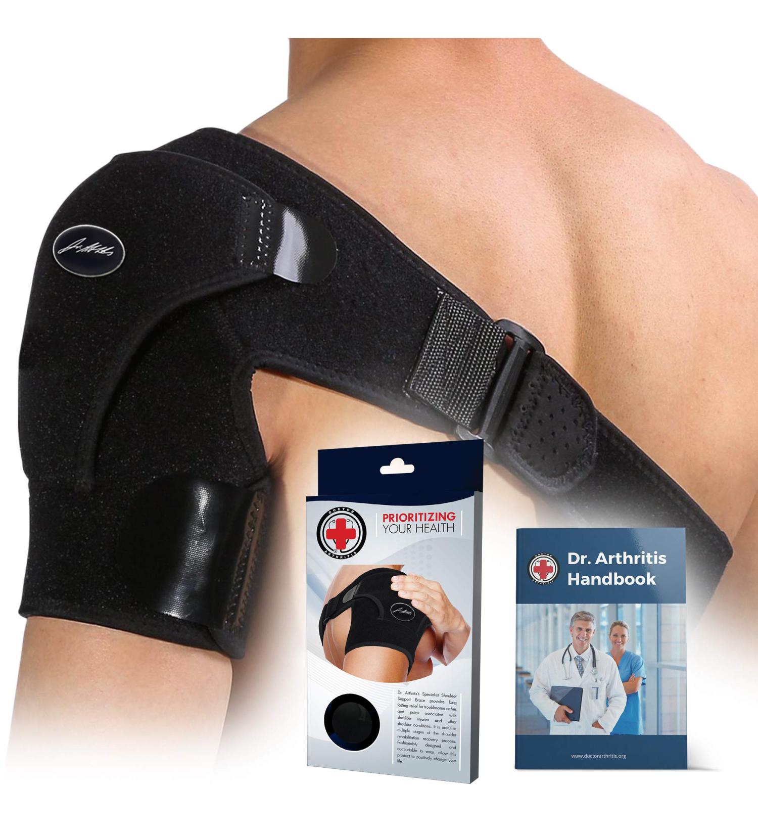 Dr. Arthritis Shoulder Support Brace with Handbook - Black | Doctor Developed Shoulder Strap for Pain Relief - Buy Online on GoSupps.com