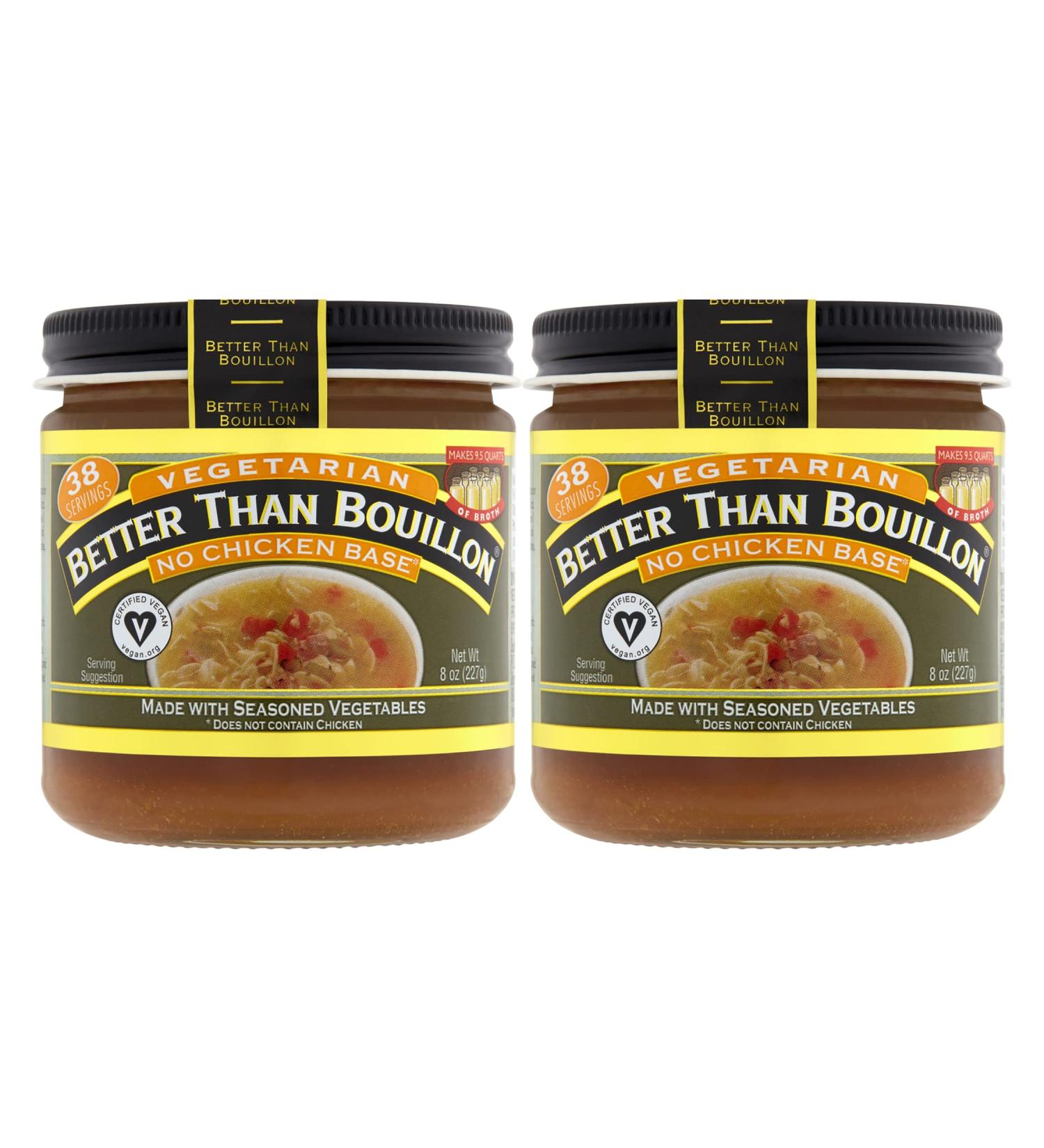 Better Than Bouillon Vegetarian No Chicken Base  Made with Seasoned Vegetables  Certified Vegan  Makes 9.5 Quarts of Broth  38 Servings  8 OZ Jar (Pack of 2) - Buy Online on GoSupps.com