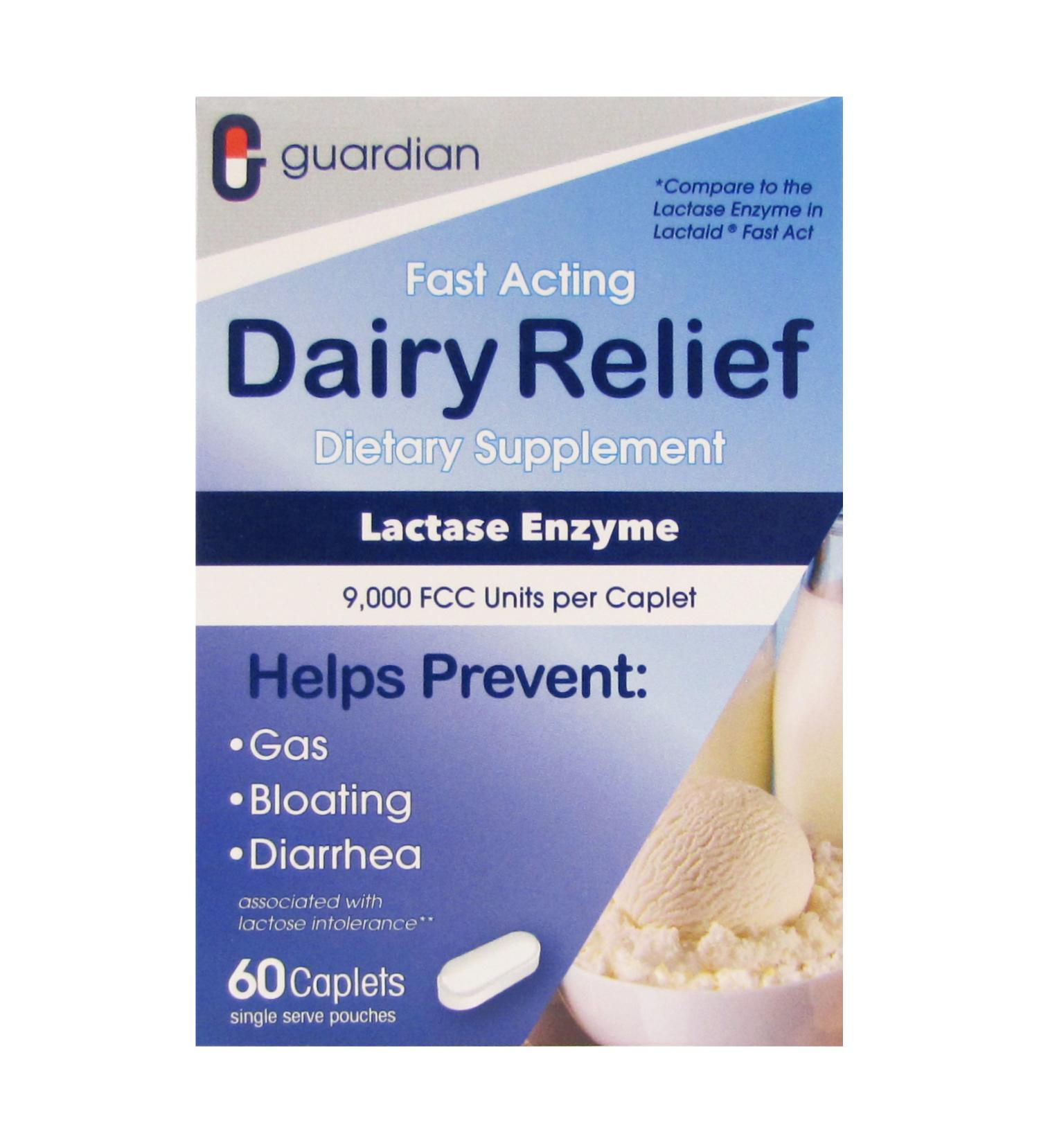 Guardian Dairy Relief Fast Act Caplets 9000 FCC Lactase Enzyme (60 Caplets) - Buy Online on GoSupps.com