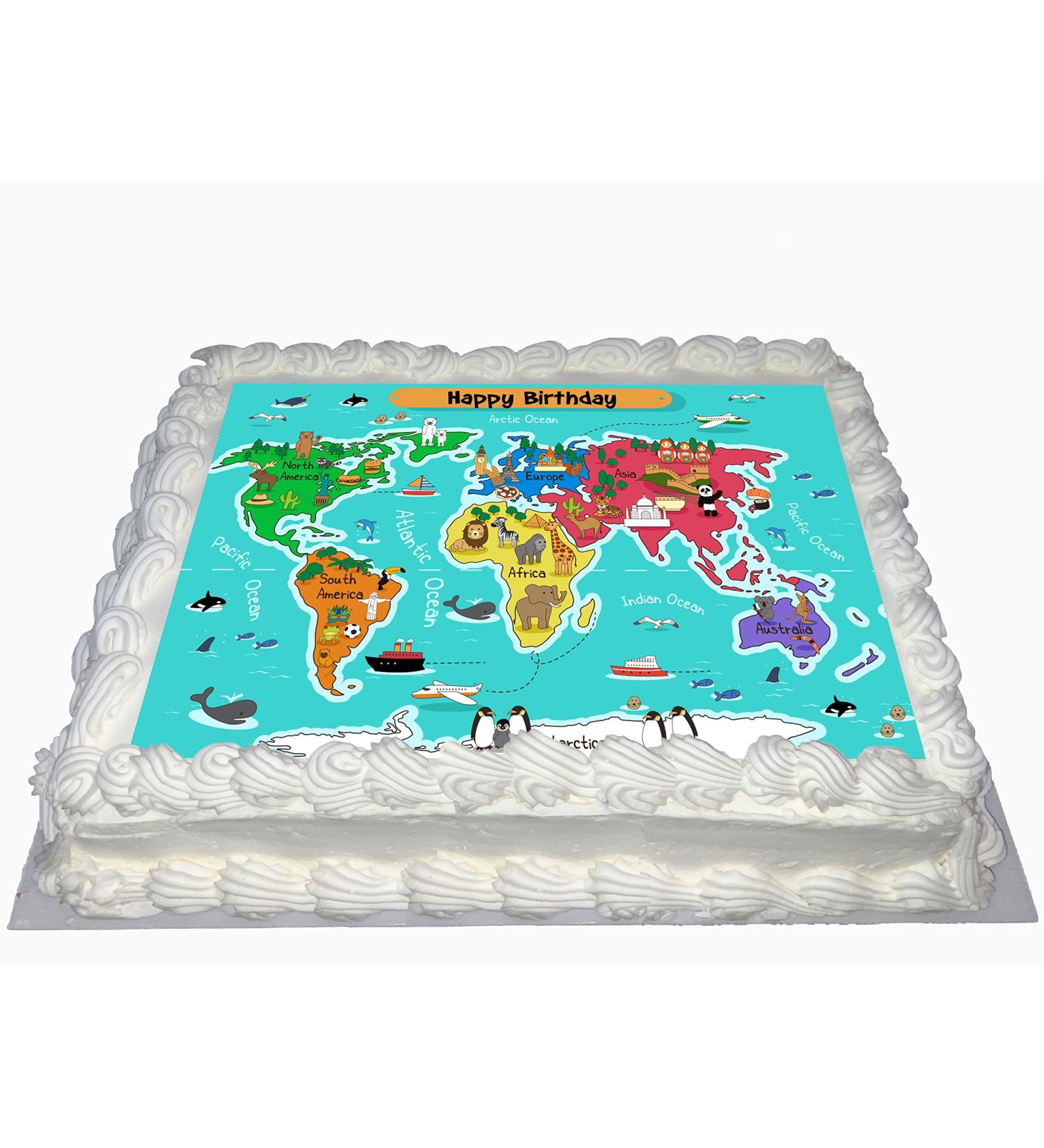 WORLD MAP HAPPY BIRTHDAY PARTY EDIBLE ICING LARGE COSTCO CAKE TOPPER