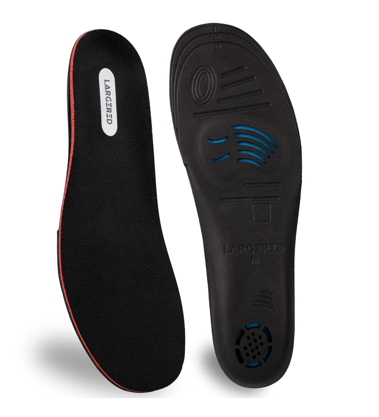 LARGERED Gel Insoles with Arch Support | Memory Foam Shoe Inserts for Flat Feet & Plantar Fasciitis | Men Women | Size M 6-8UK | Black - Buy Online on GoSupps.com