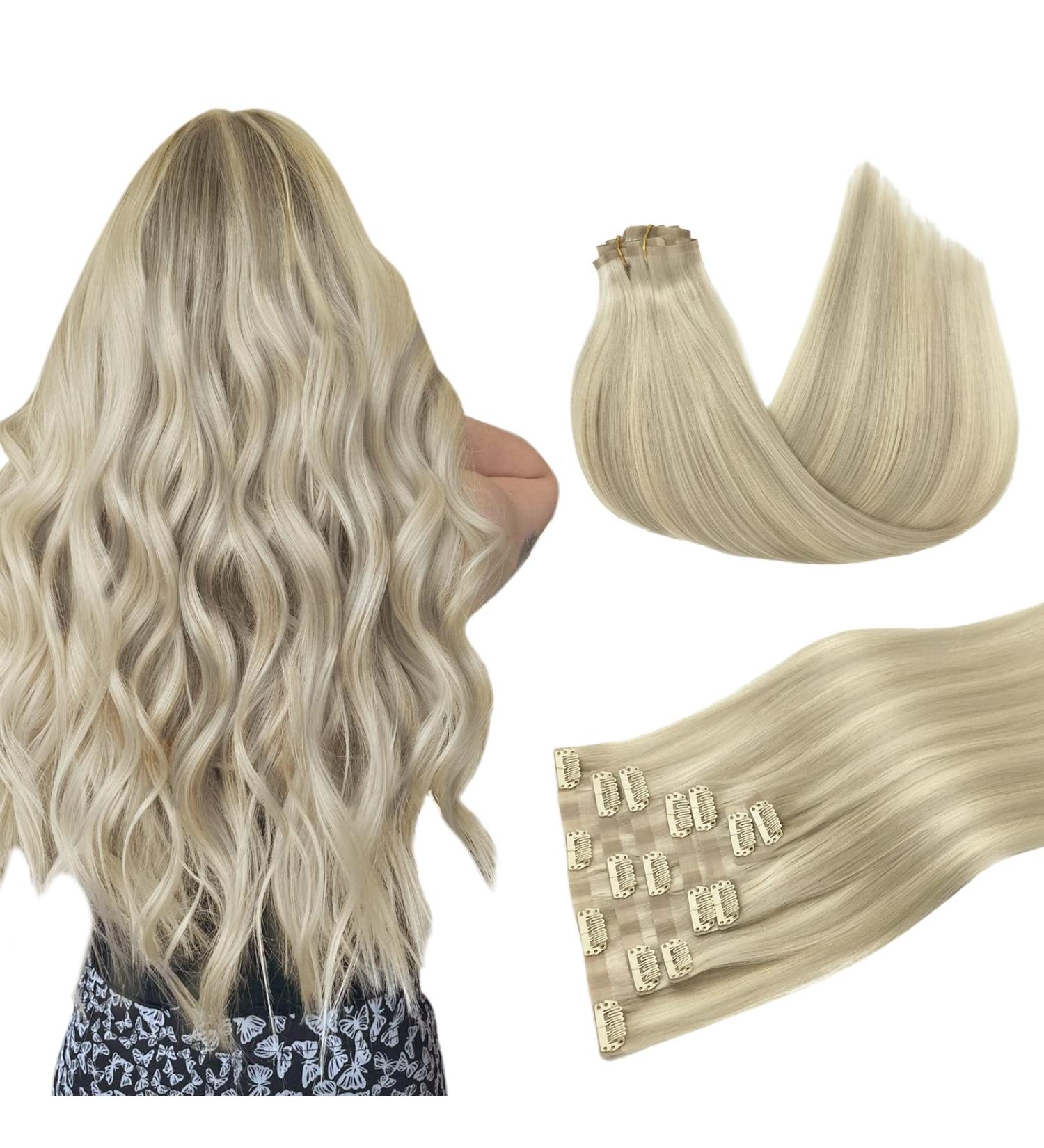Doores Seamless Clip-In Extensions | Real Hair 18 Inch 7 Pieces Ash Blonde Highlights Platinum Blonde 45cm 110g - Buy Online on GoSupps.com
