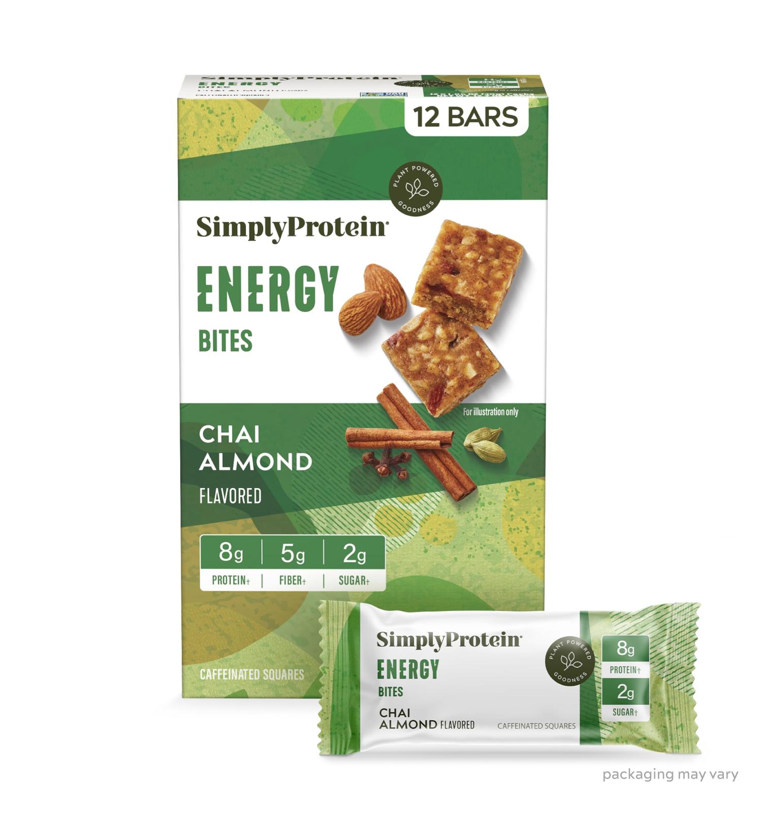 Simply Protein Chai Almond Energy Bites - 12 Bars | Vegan Gluten Free Plant Based Caffeinated Snack - 55mg Caffeine 8g Protein Low Sugar Natural Energy Boost - Buy Online on GoSupps.com