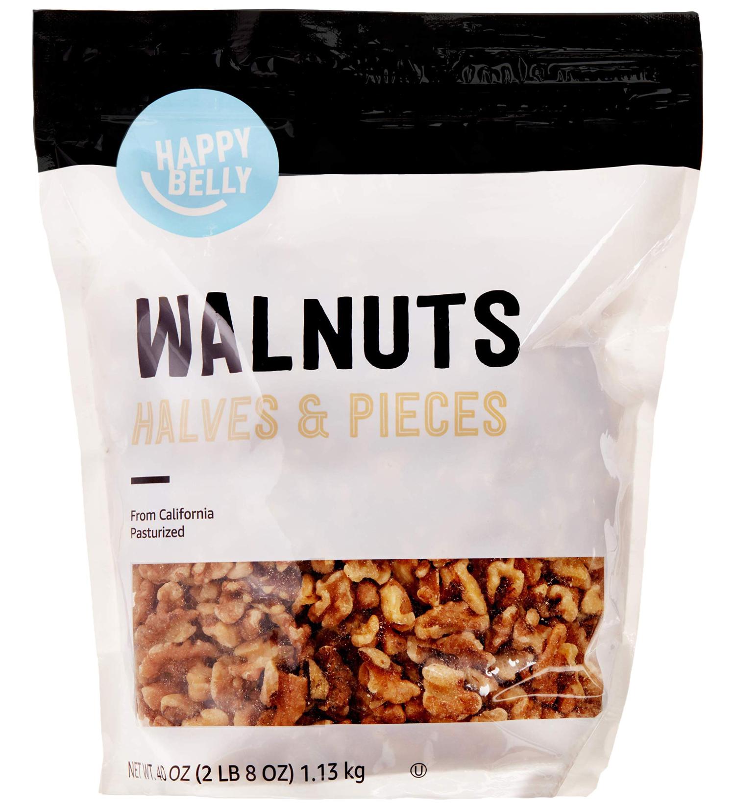 Happy Belly California Walnut Halves and Pieces - 40 Ounce (2.5 Pound) Pack - Premium Quality Walnuts for Snacking and Baking - Buy Online on GoSupps.com