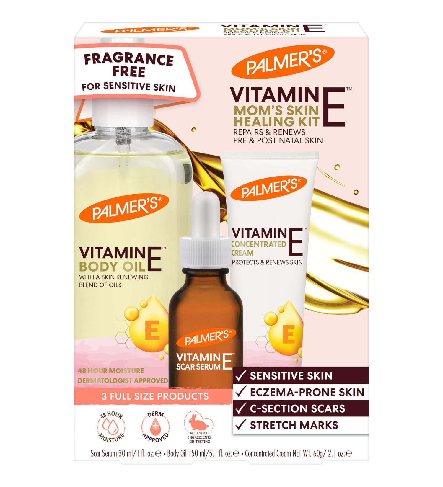 Palmer's Vitamin E Mom's Skin Healing Body Care Kit - Pregnancy & Postpartum Essentials: Body Oil Scar Serum & Concentrated Cream - Buy Online on GoSupps.com