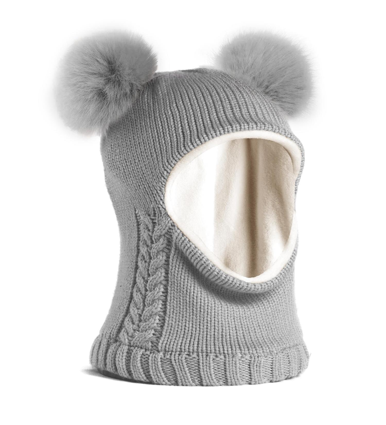 FURTALK Toddler Winter Hat with Detachable Pompom | Fleece Lined Beanie with Earflaps & Scarf Set for Kids 2-6 Years - Fog Grey - Buy Online on GoSupps.com
