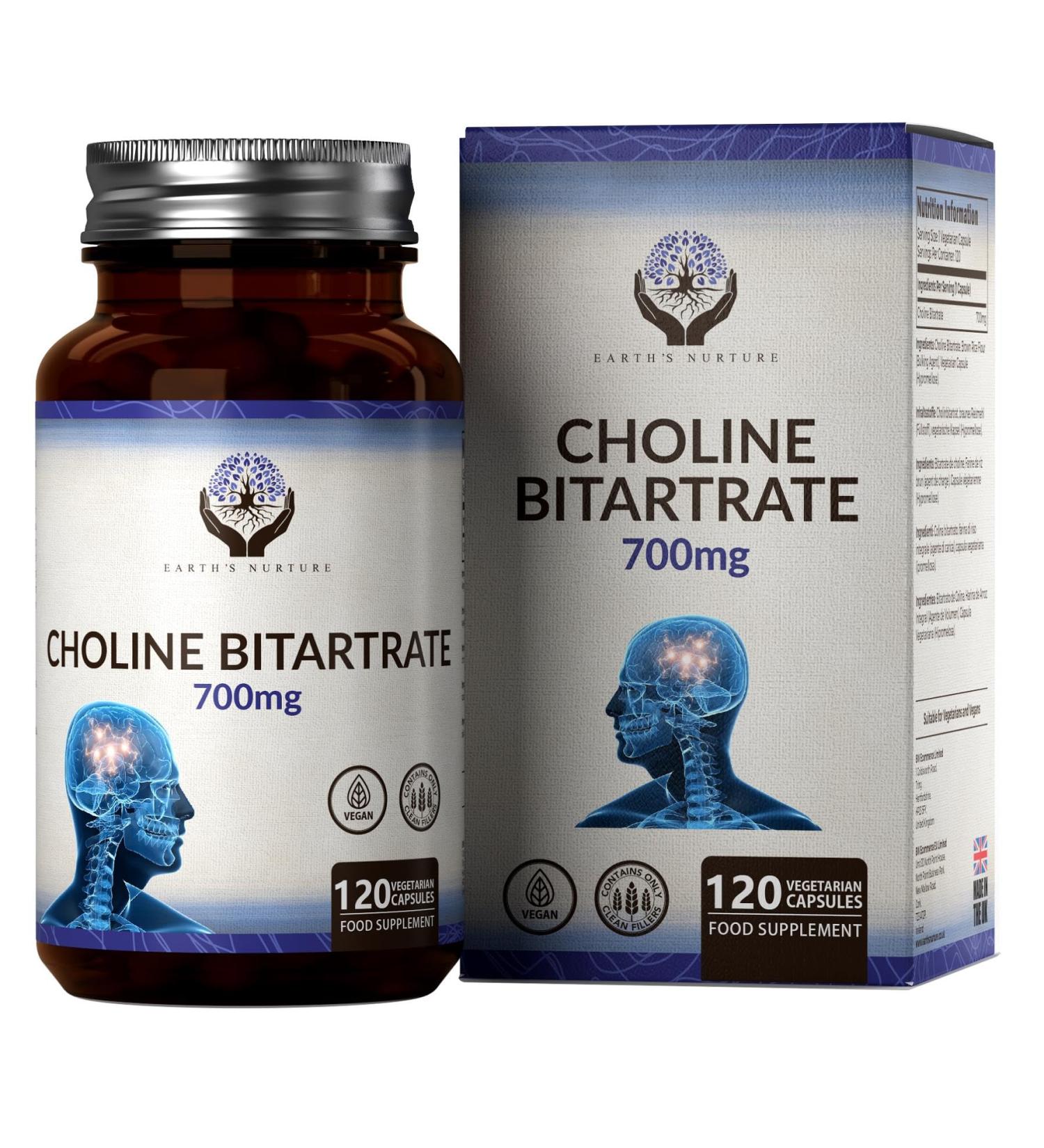 High Strength Choline Supplement - 700mg Choline Bitartrate | 120 Capsules | Non-GMO | Gluten & Allergen-Free | Made in UK - Buy Online on GoSupps.com