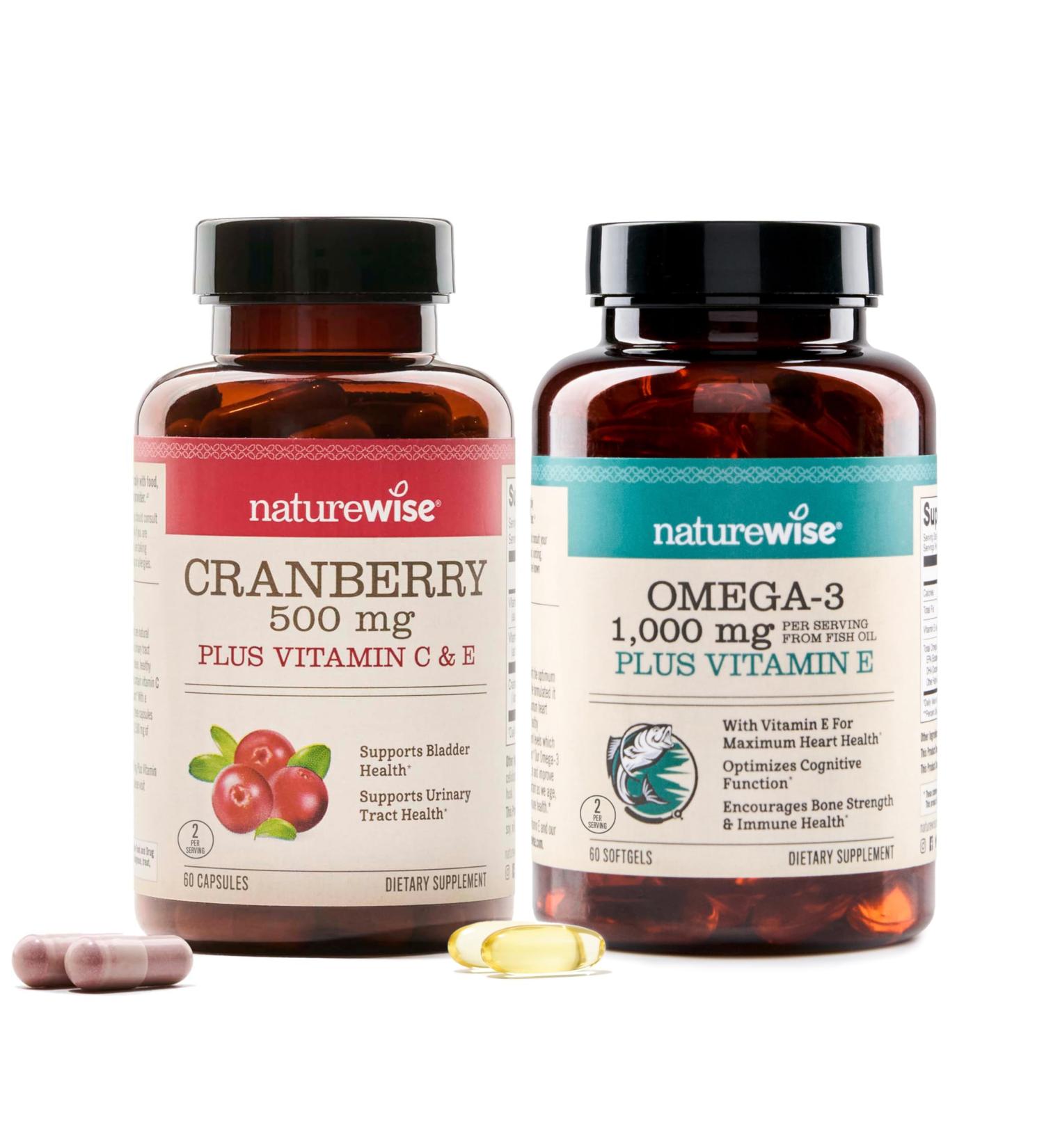 NatureWise 1 Cranberry Pills - Extract Equal to 12 500mg* - 60 Capsules 30-Day Supply + 1 Omega 3 Fish Oil 1000mg + Vitamin E - Wild-Caught - 60 Softgels 30-Day Supply  - Buy Online on GoSupps.com