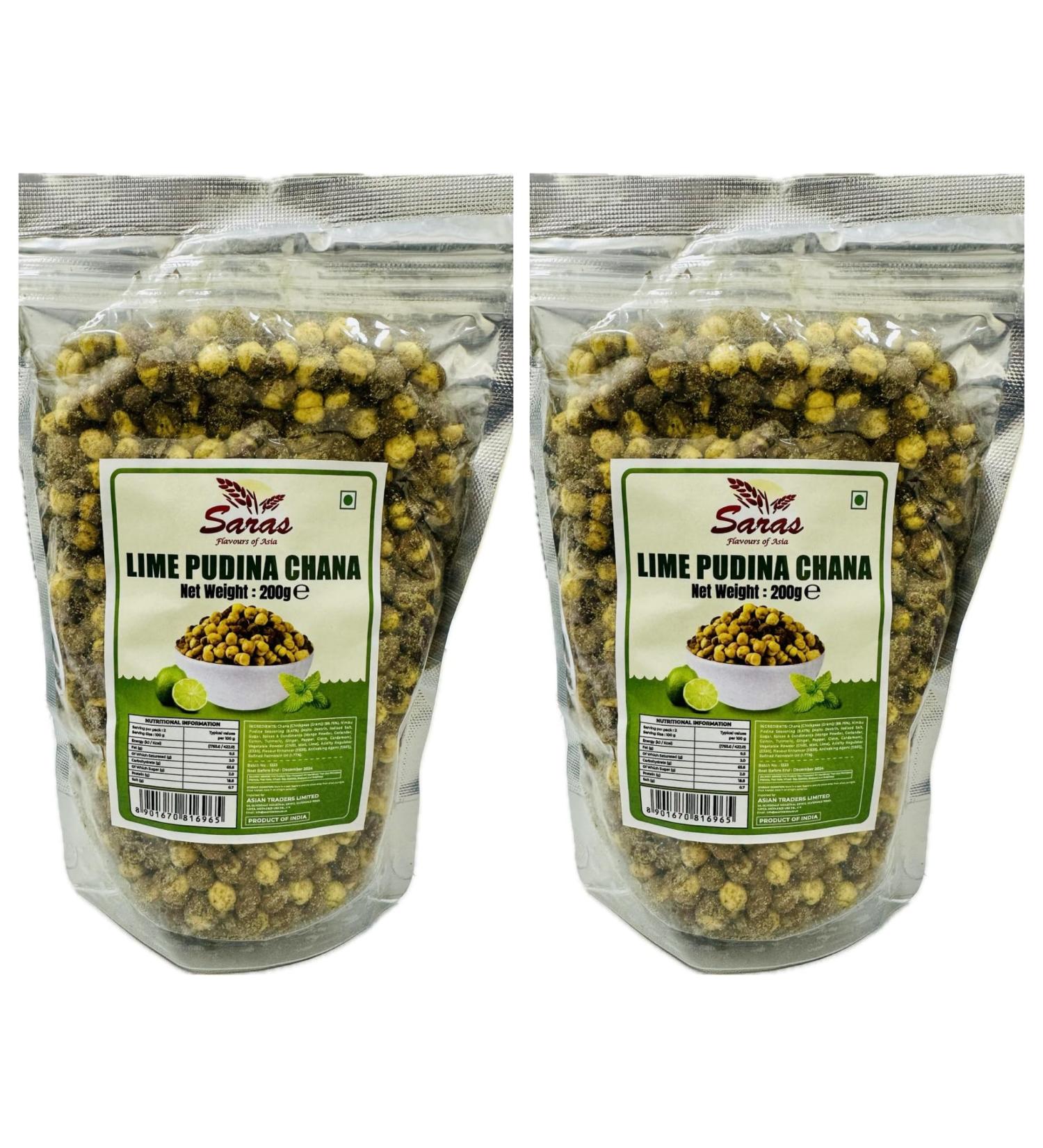 Saras Lime Pudina Chana - 200g (Pack of 2) | Authentic Indian Savory Snack | Crispy and Flavorful | Ideal for Snacking On-The-Go - Buy Online on GoSupps.com