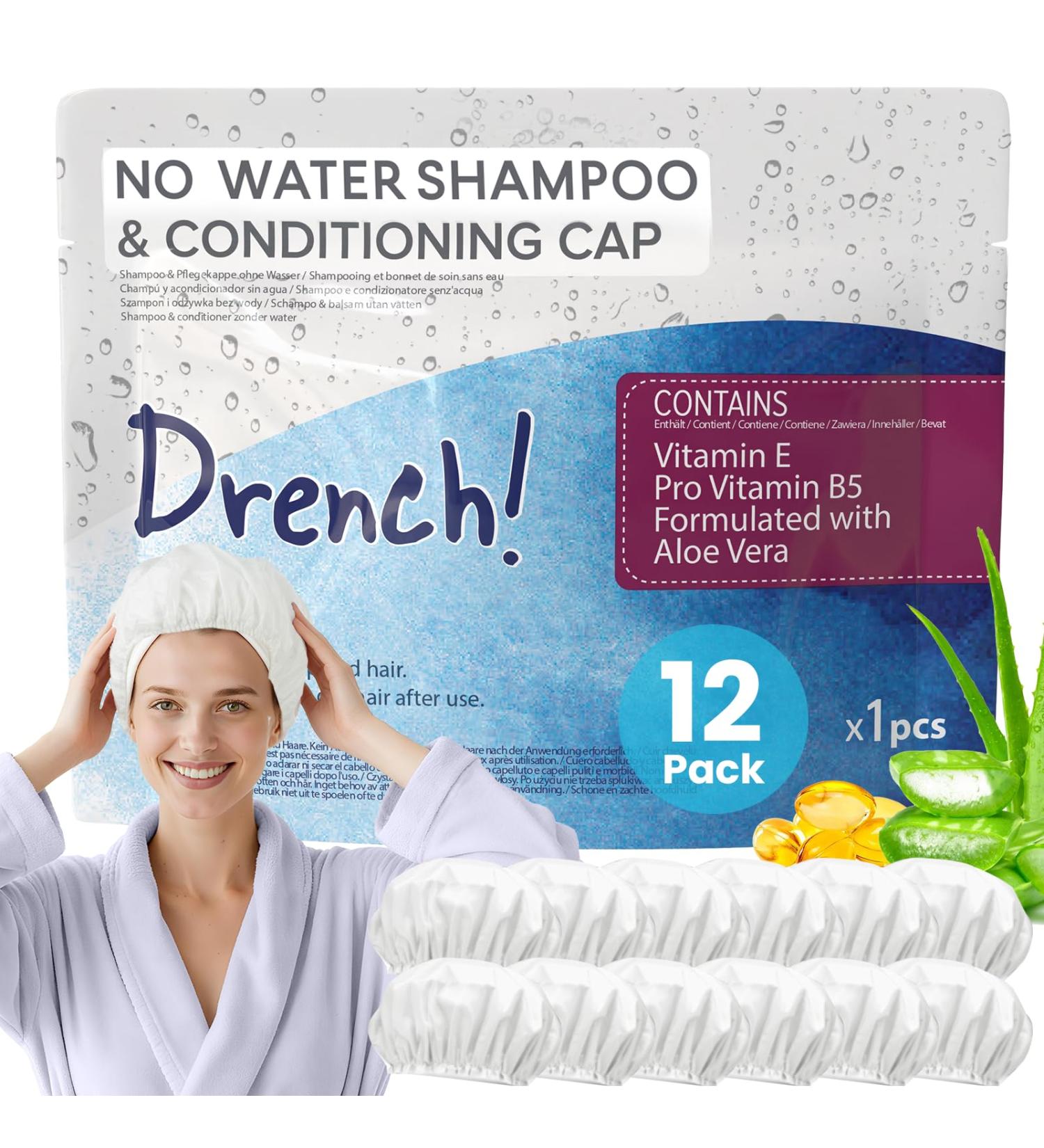 Drench! Bonnet de Shampoing Sans Rin age - Lot de 12 Charlottes Lavantes pour Cheveux Sans Eau et Sans Rincage - Bonnet avec Aloe Vera Vitamine E Pro Vitamine B5 1 unit (paquet de 12) - Buy Online on GoSupps.com