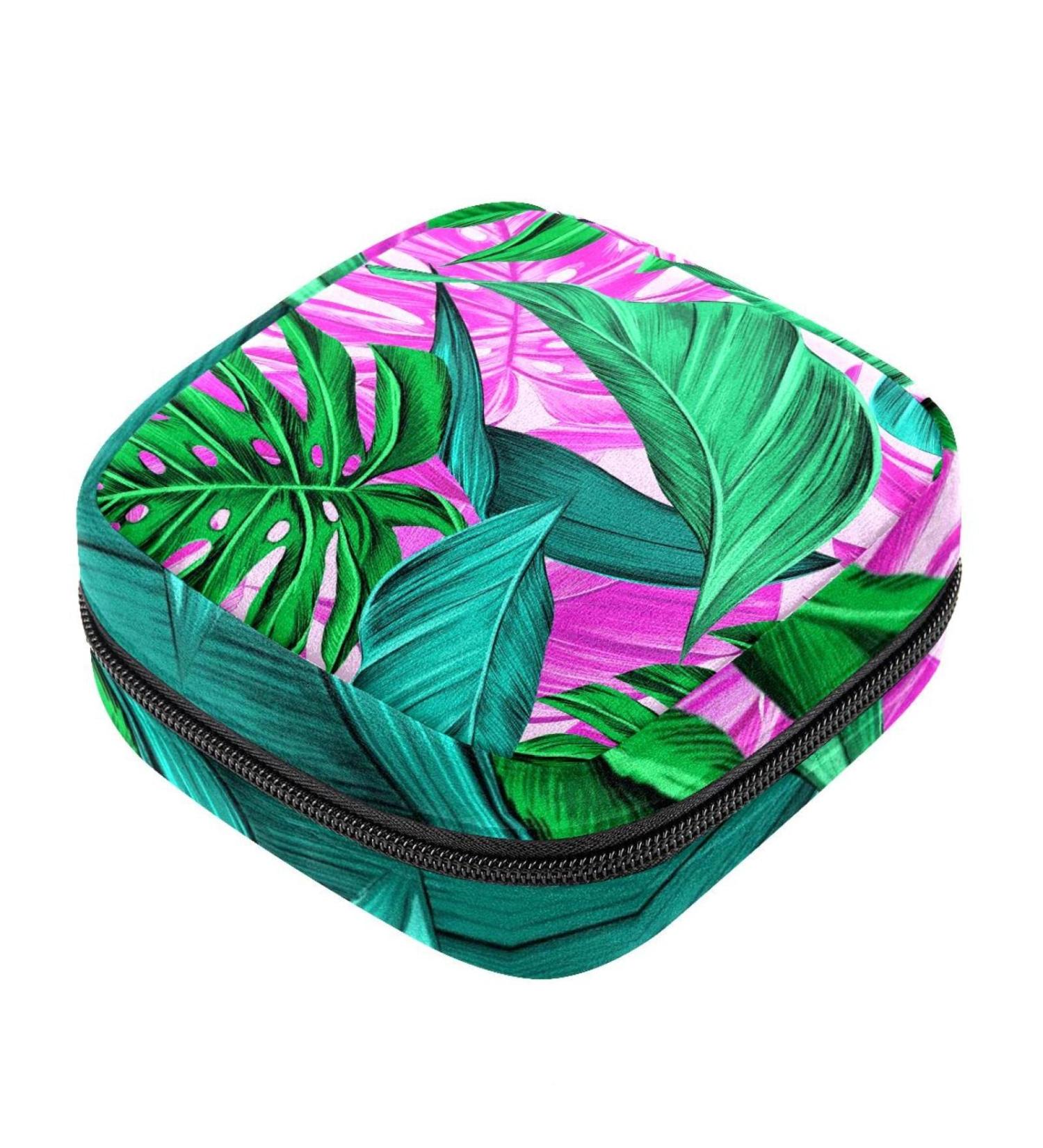 Tropical Green Leaves Portable Menstrual Bag | Stylish Storage for Teens & Women | Zippered Cup Pocket - Buy Online on GoSupps.com