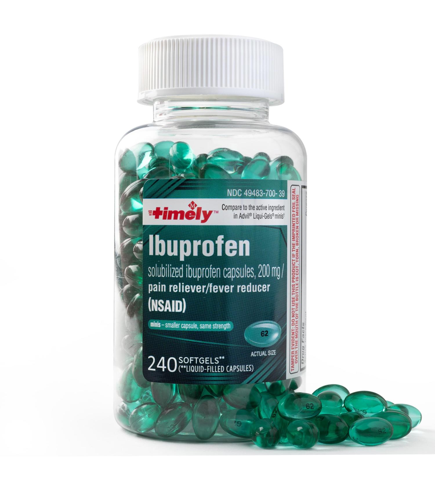 Timely Ibuprofen 200mg Softgels - 240 Liquid Mini Softgels for Pain Relief & Fever Reducer - Compare to Advil Liqui-Gels for Headache Menstrual Tooth Muscle & Arthritis Pain - Buy Online on GoSupps.com