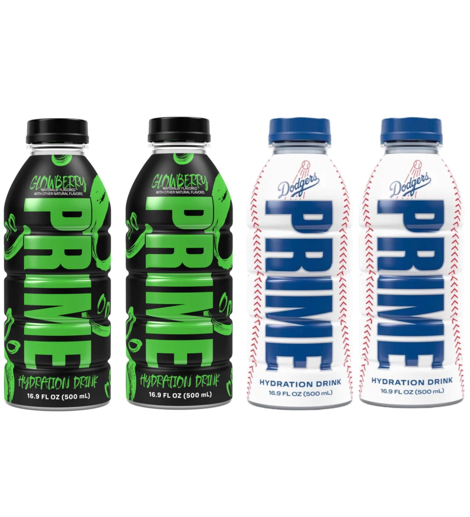 PRIME Hydration Sports Drink by Logan Paul & KSI - 2 x Los Angeles (LA) Dodgers + 2 x Glowberry - 500ml Bottle - Buy Online on GoSupps.com