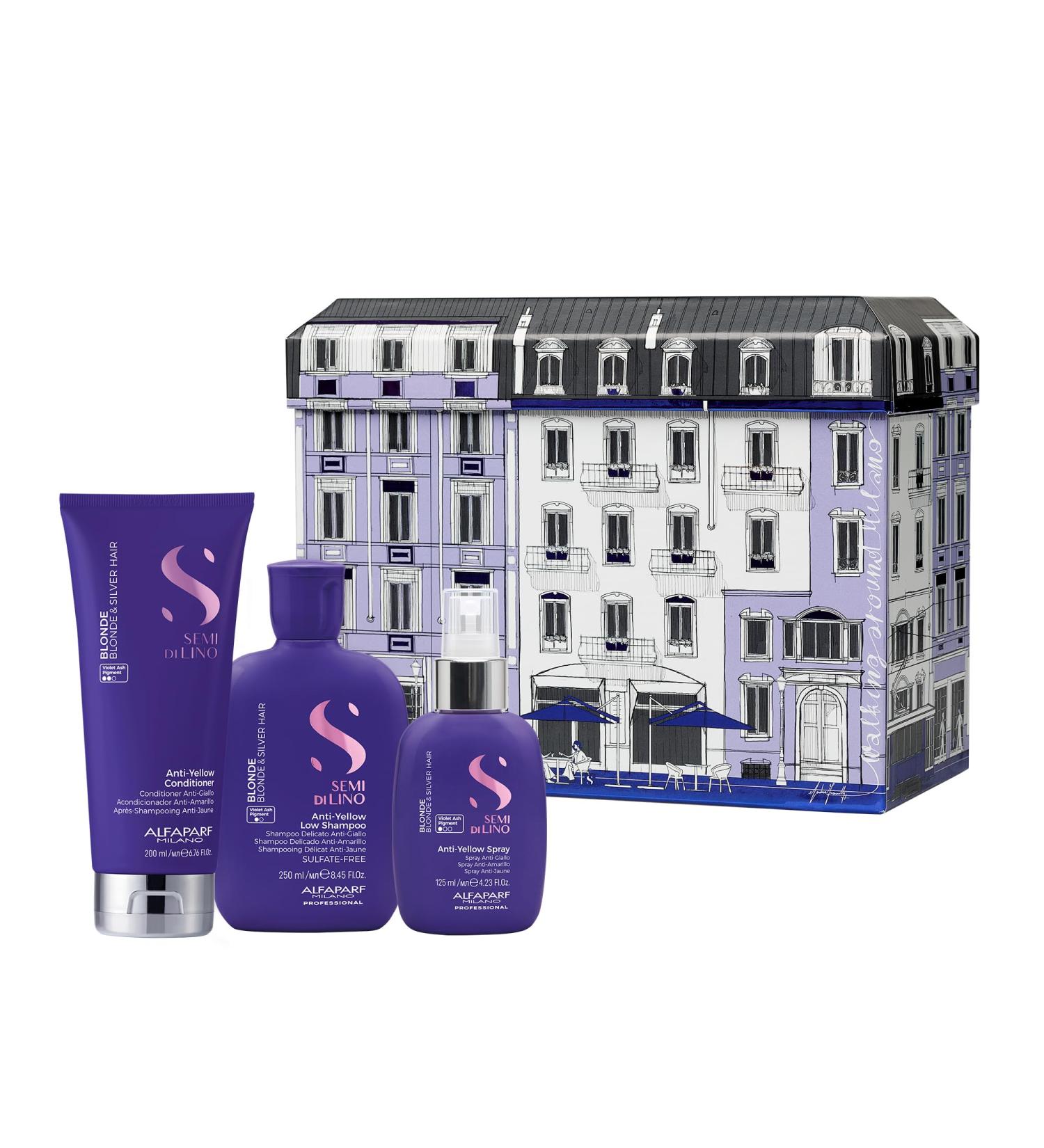 Alfaparf Milano Semi di Lino Anti-Yellow Gift Set | Sulfate Free Shampoo Conditioner & Spray for Blonde Platinum & Silver Hair | Removes Brassiness & Yellow Tones - Buy Online on GoSupps.com