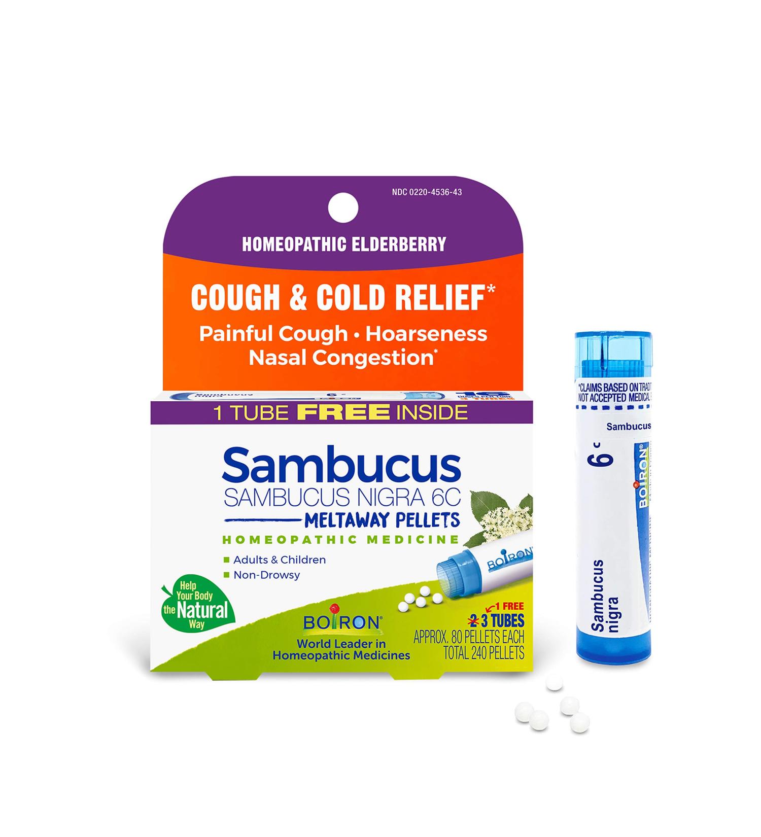 Boiron Sambucus Cough & Cold Relief Meltaway Pellets 6C - 3 Tubes, 80 Pellets Each - Buy Online on GoSupps.com