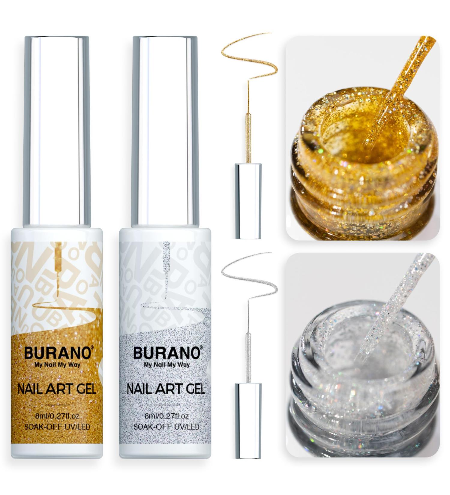 BURANO Gel Nail Polish Liner - Silver & Gold Nail Art - 8ml with Thin Brush - Glitter Curing Required - Buy Online on GoSupps.com
